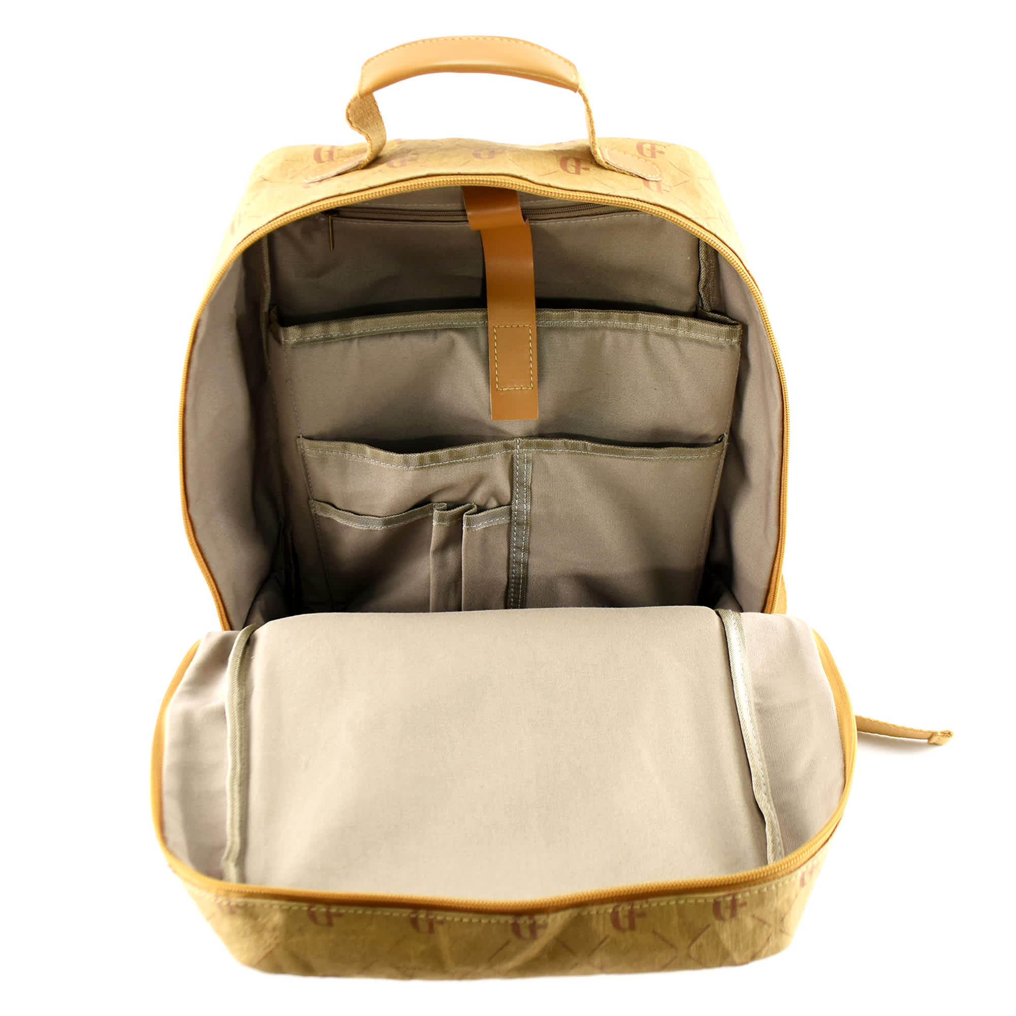 A kraft paper laptop backpack in light brown with multiple compartments and a beige interior. Features a simple branding logo.