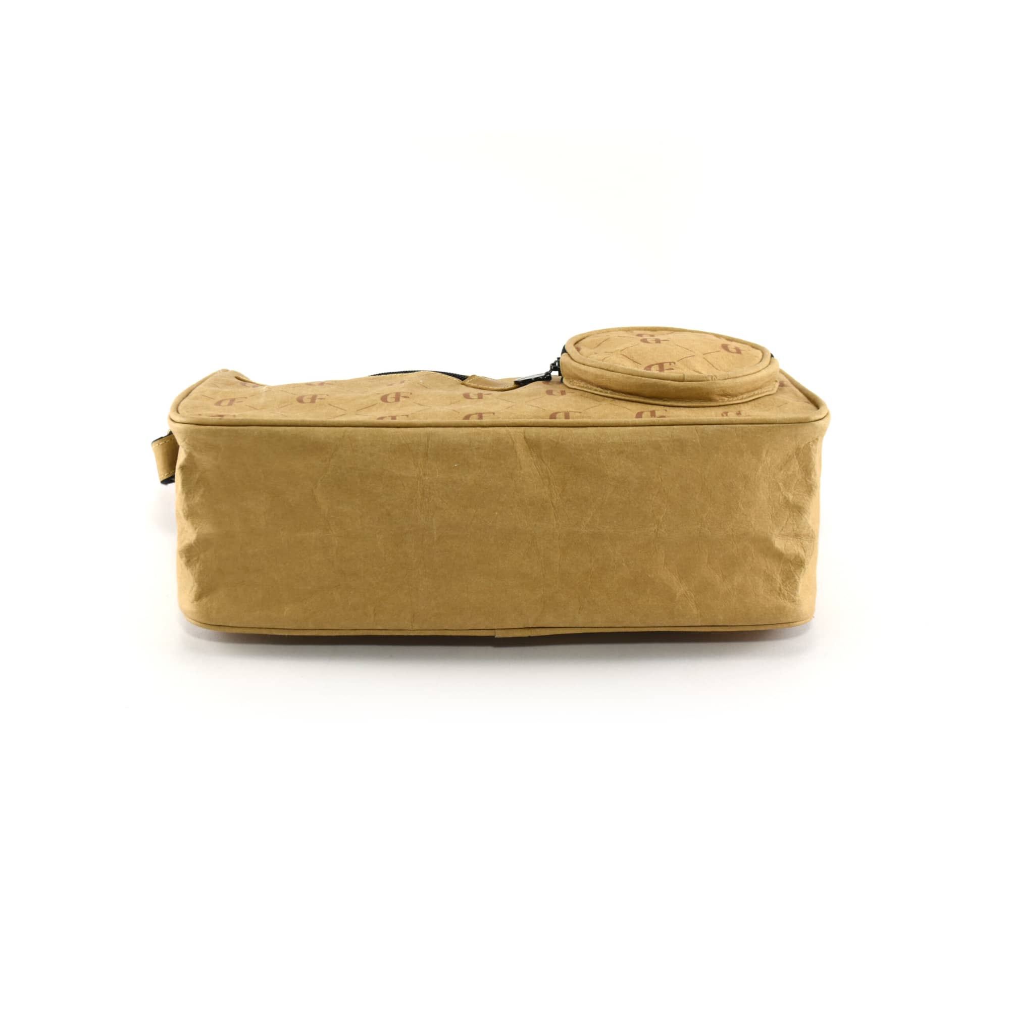 A yellow kraft paper sling bag with a round top, featuring a logo and a zip closure.