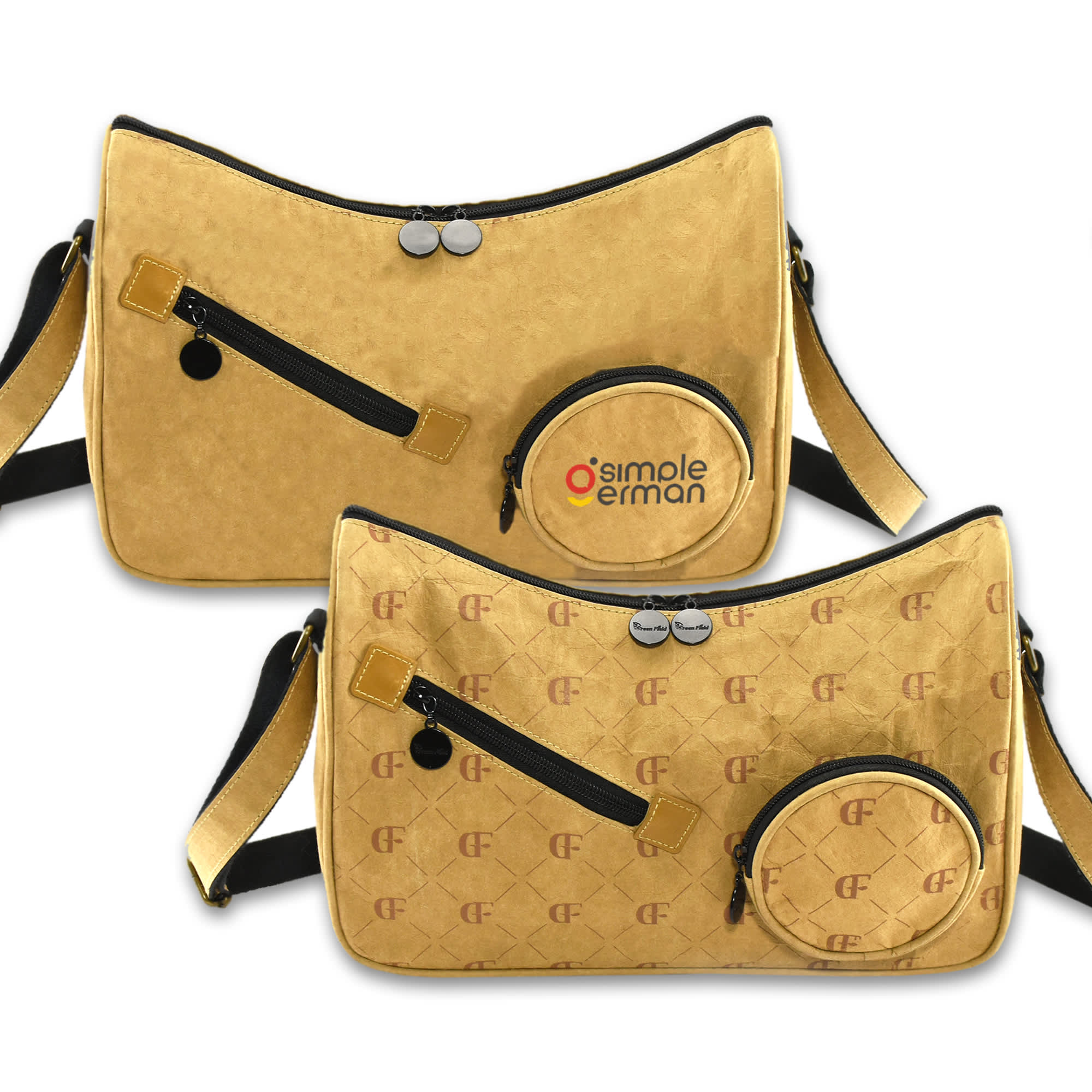 A gold Kraft paper sling bag with a zip pocket and a round pouch, featuring a logo and contrasting black strap.