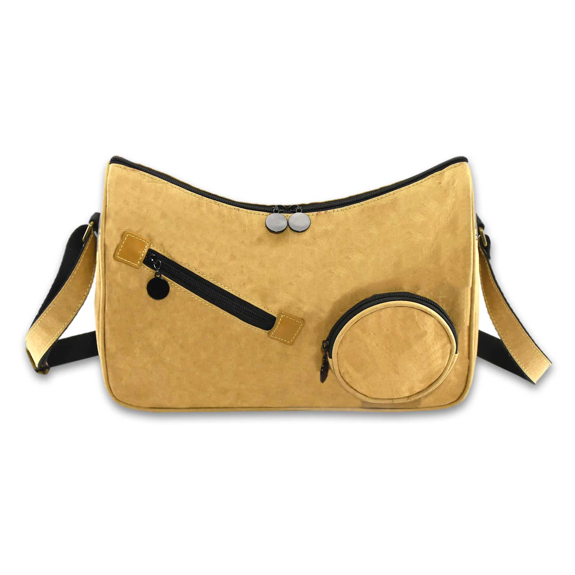 A gold Kraft paper sling bag featuring multiple zippered pockets and an adjustable strap, with a round zipper pouch attached.