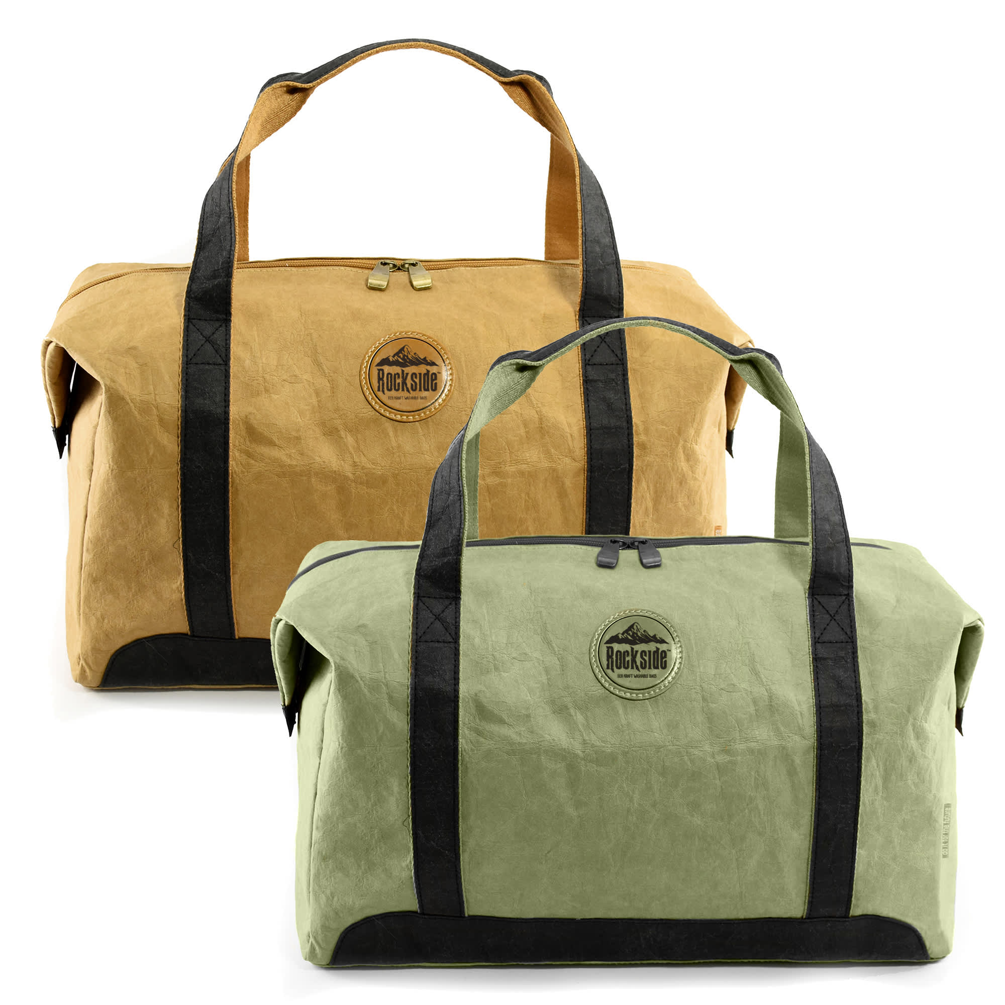 Two kraft paper travel bags in tan and green, featuring sturdy black handles and a branding logo.