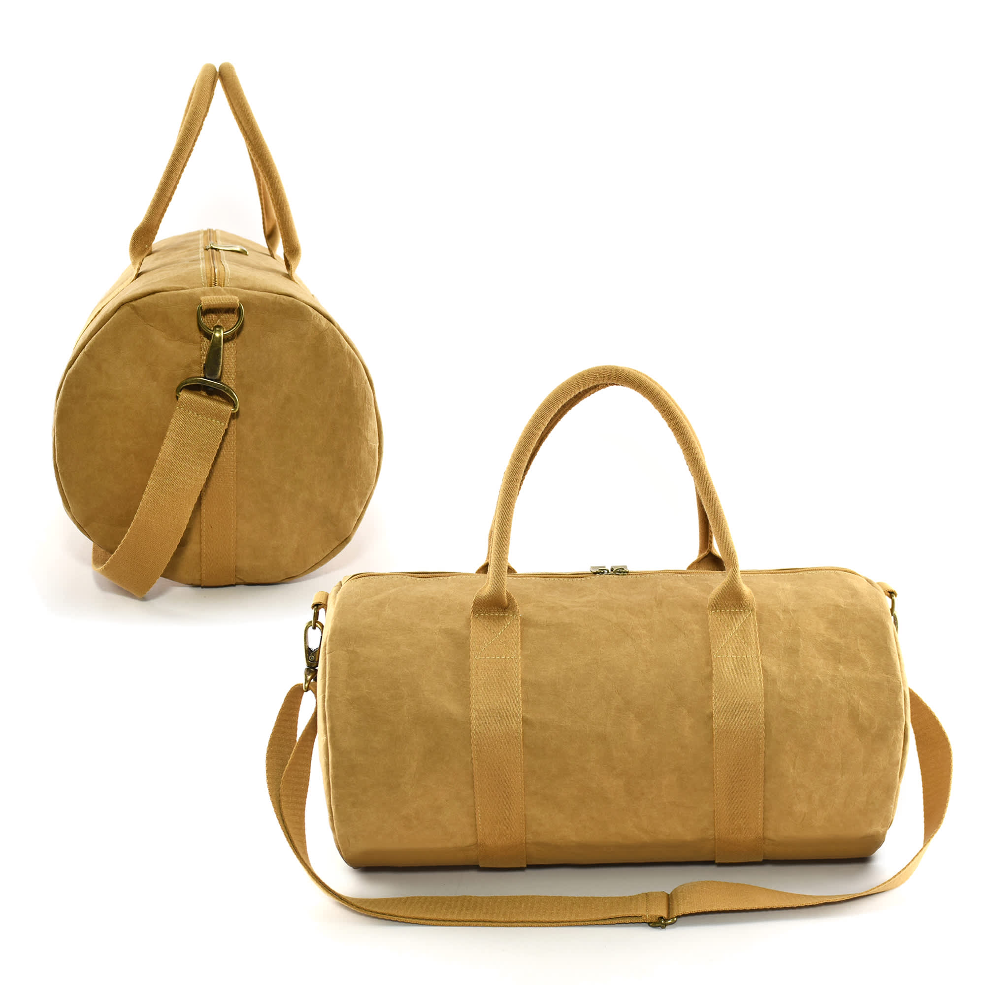 A kraft paper duffle bag in a warm golden brown colour, featuring twin handles and a detachable shoulder strap.