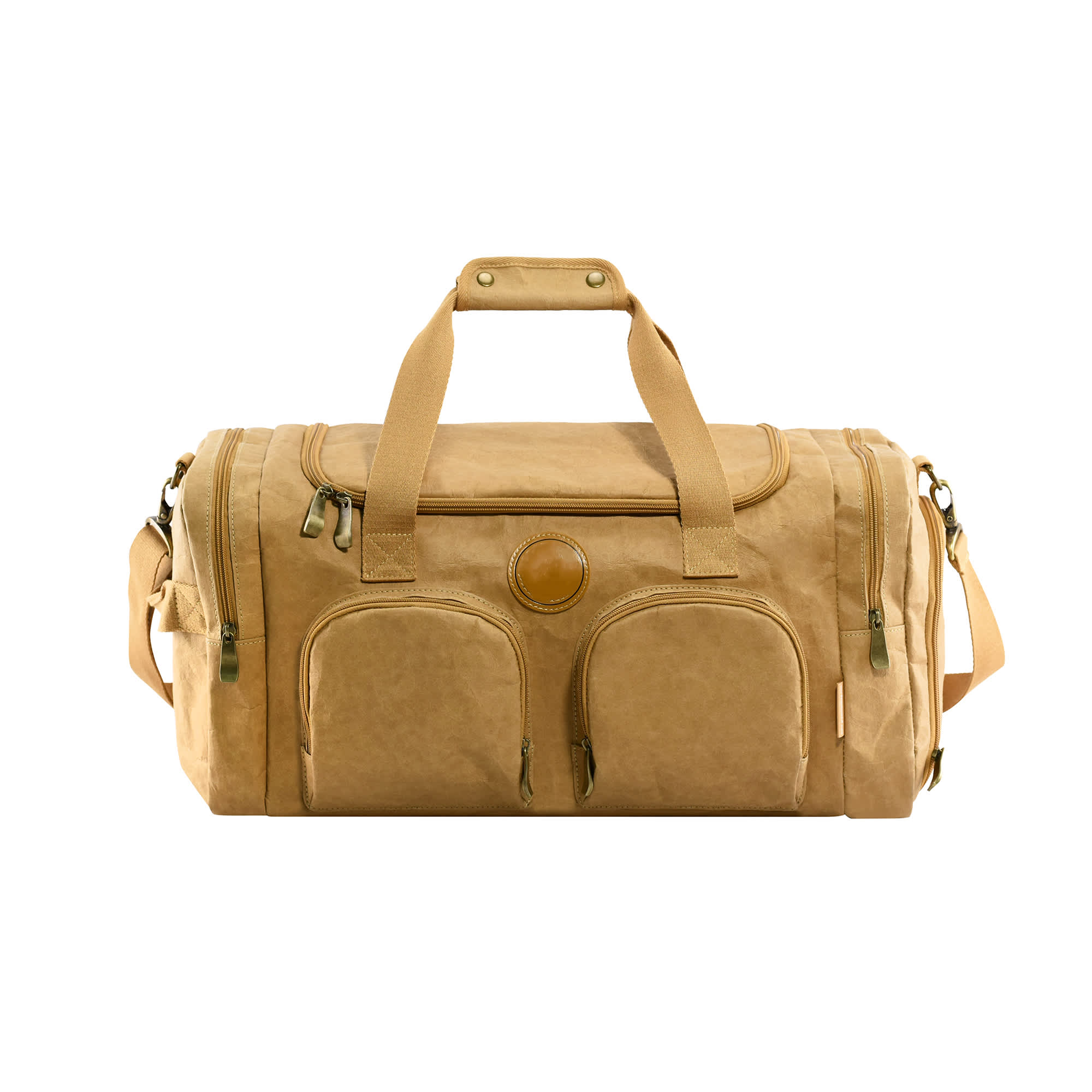 A beige Kraft paper duffle bag with two side pockets and dual handles, featuring a circular logo.