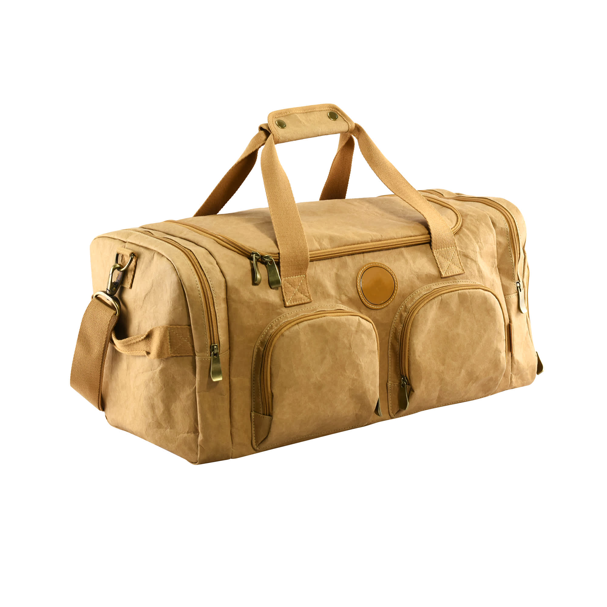 A tan Kraft paper duffle bag with multiple zippered pockets and sturdy handles. It features a decorative logo.