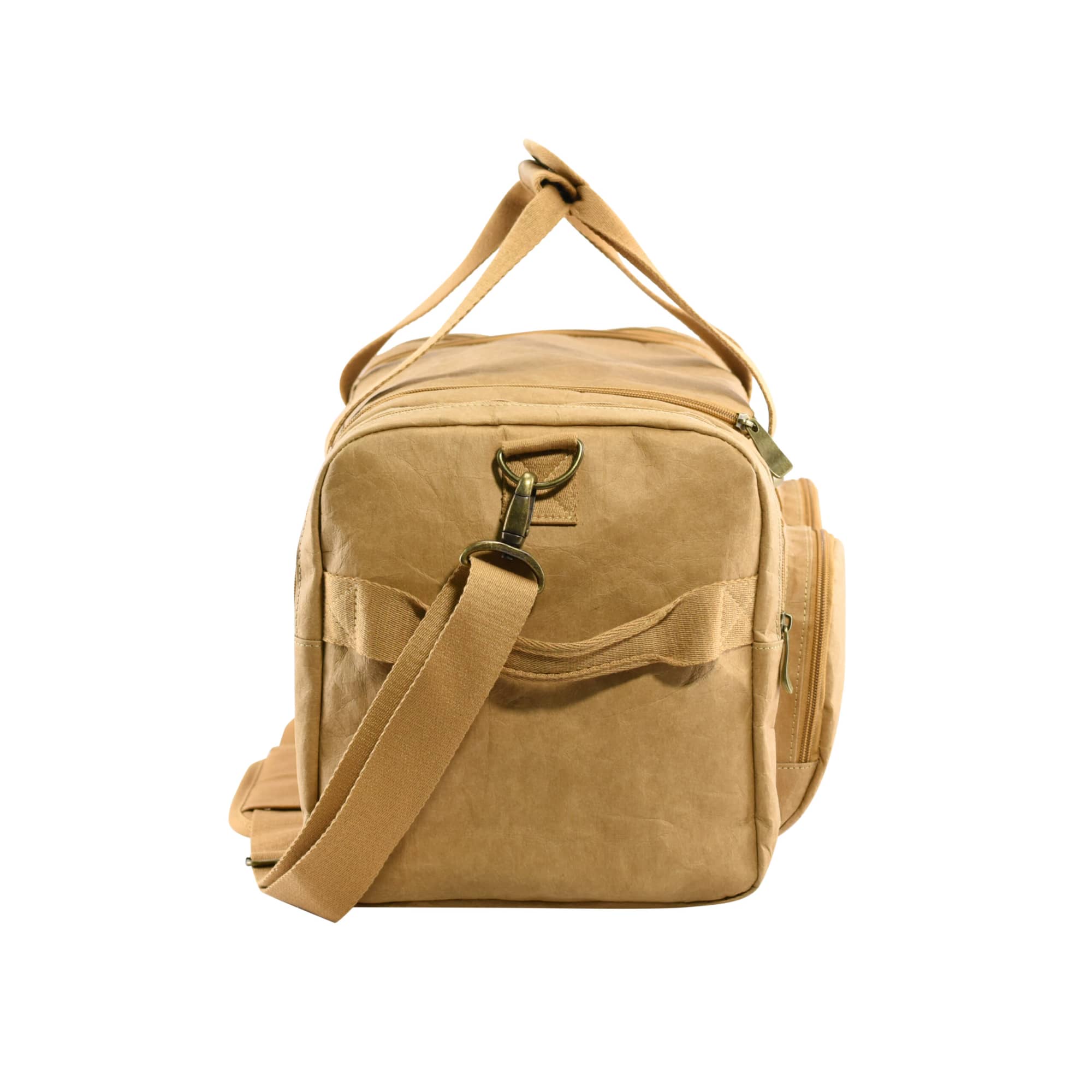 A tan Kraft paper duffle bag featuring a shoulder strap and a logo. Multiple pockets are visible on the sides.