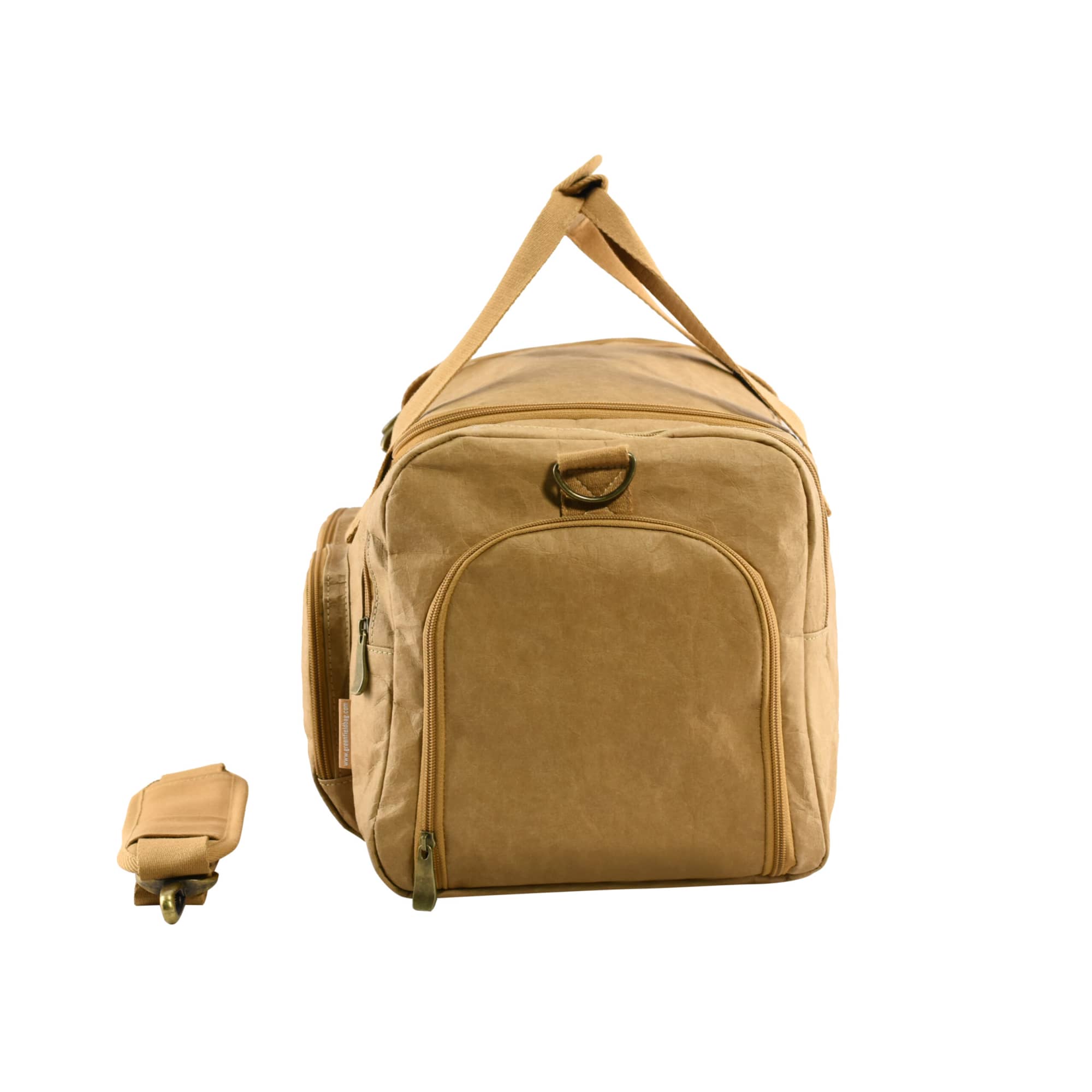 A tan kraft paper duffle bag with a shoulder strap and a detachable accessory pouch. It features a logo on the front.