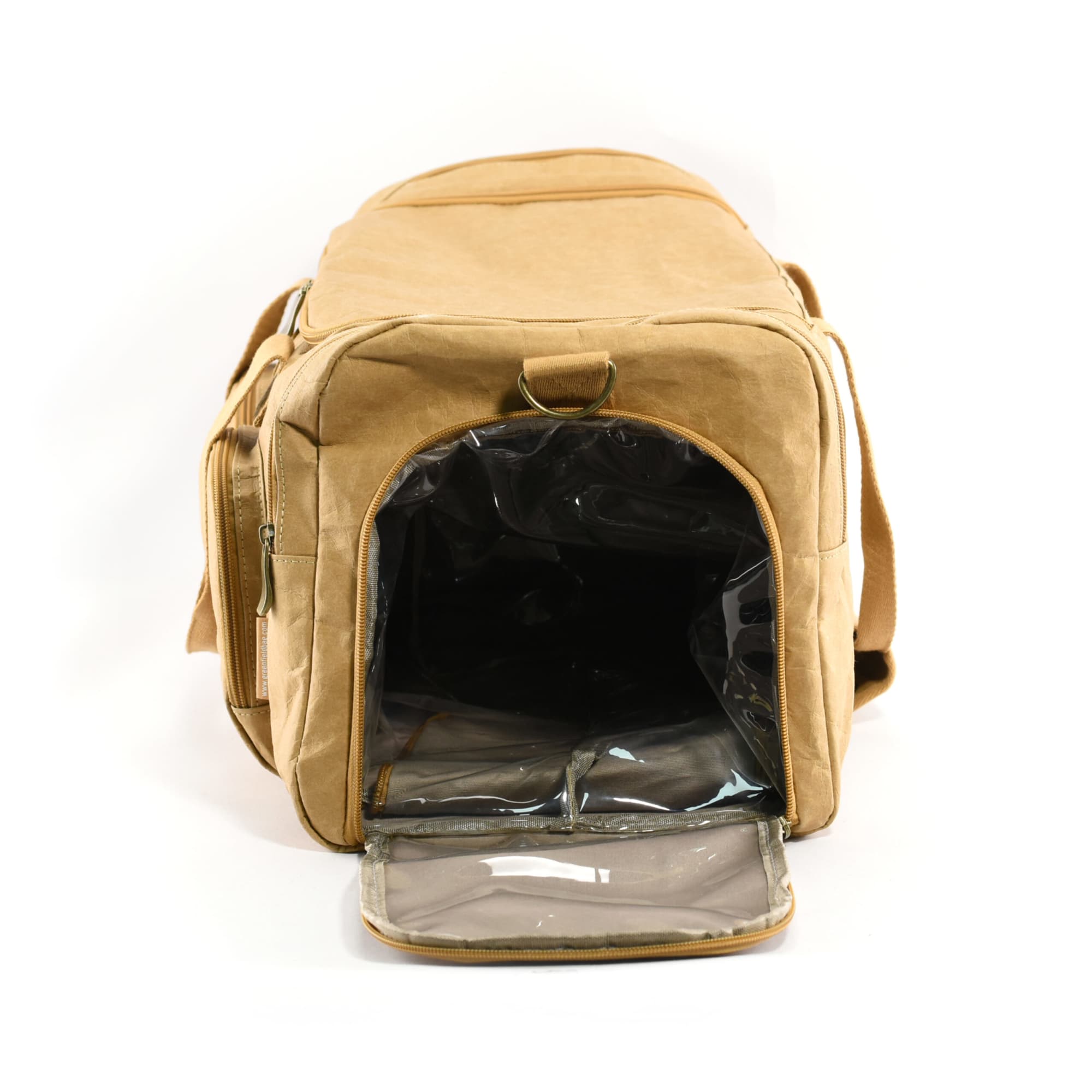 A tan Kraft paper duffle bag with a spacious interior and a transparent compartment at the bottom. It features a logo.