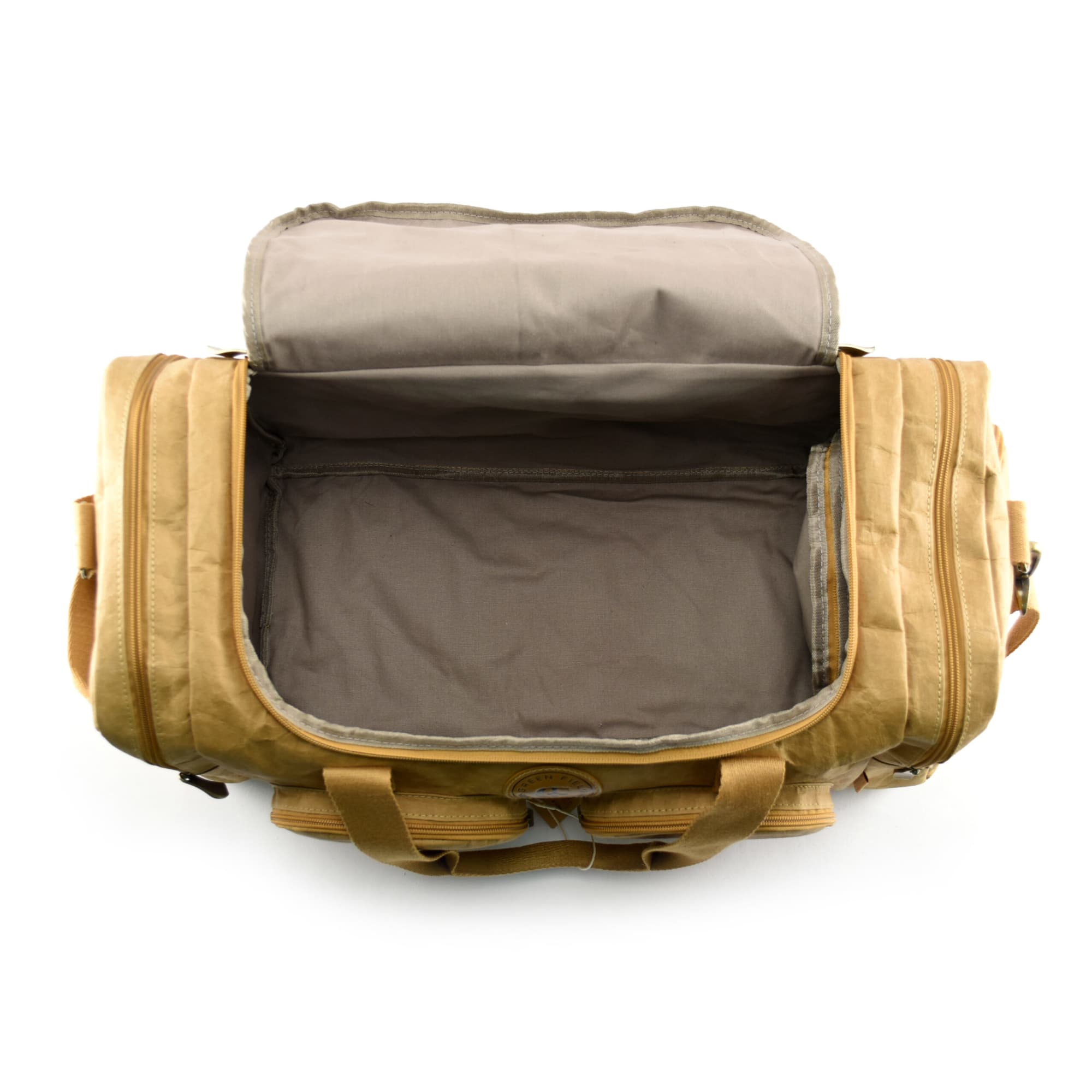 A tan Kraft paper duffle bag with a large opening, featuring a smooth interior lining and sturdy handles.