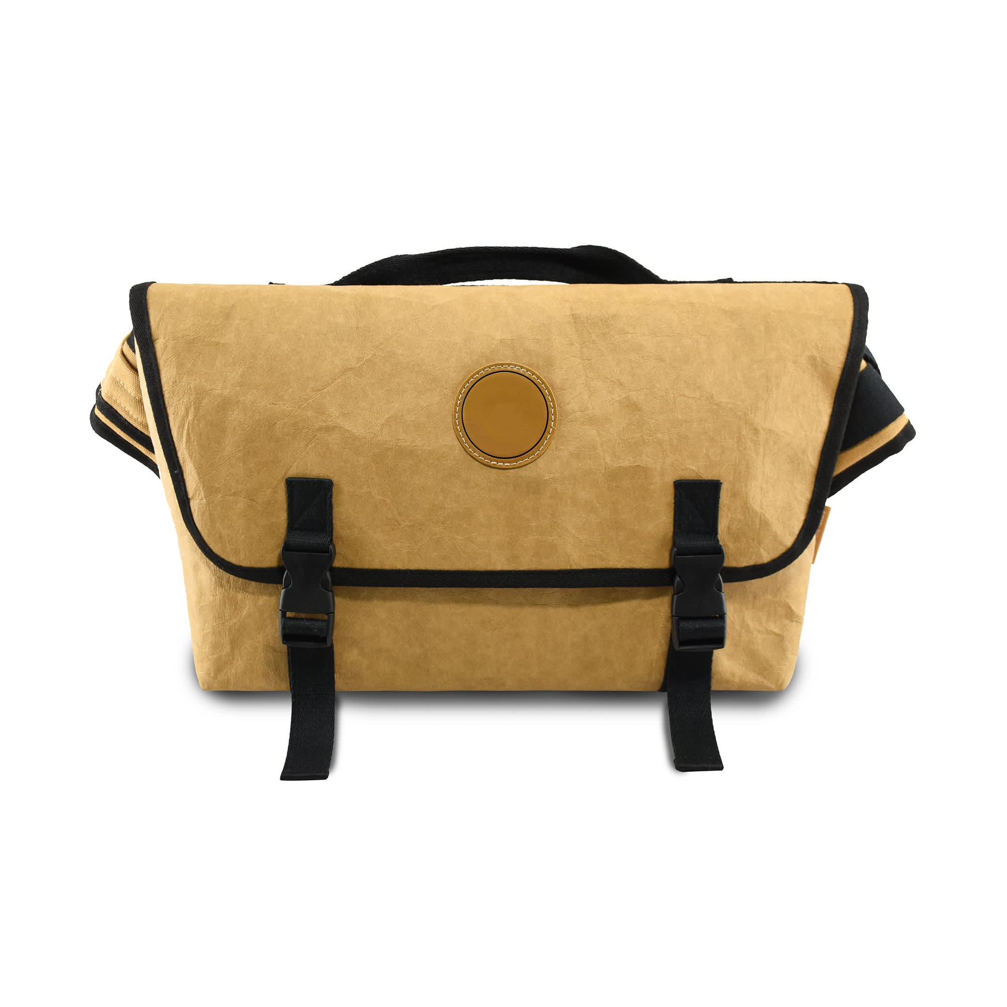 A kraft paper laptop messenger bag in beige with black straps, featuring a round logo on the front.