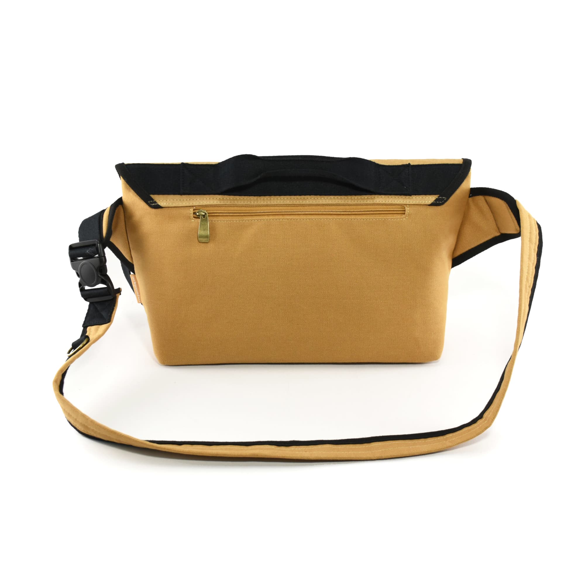 A yellow kraft paper laptop messenger bag with a black strap and a zippered pocket on the front.