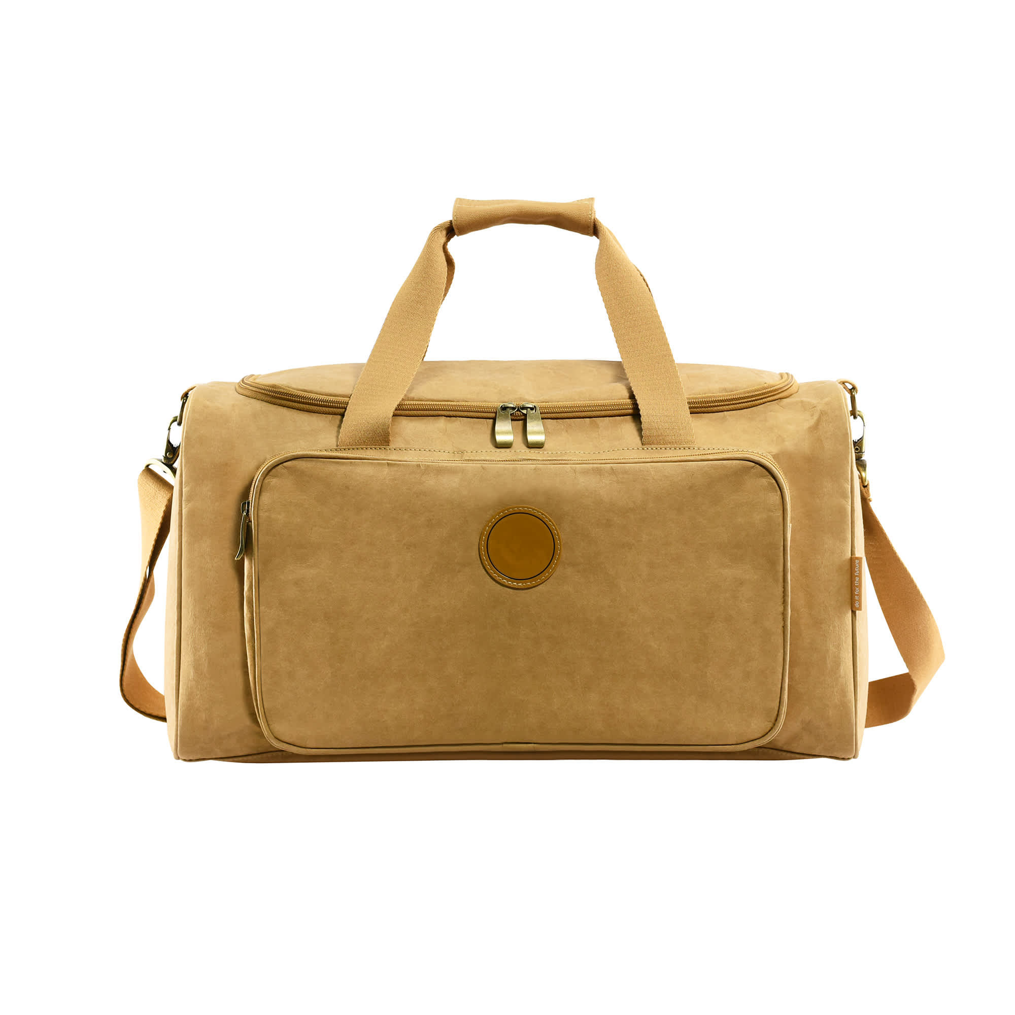A tan Kraft paper duffle bag with dual handles, a removable shoulder strap, and a front pocket, featuring a logo.