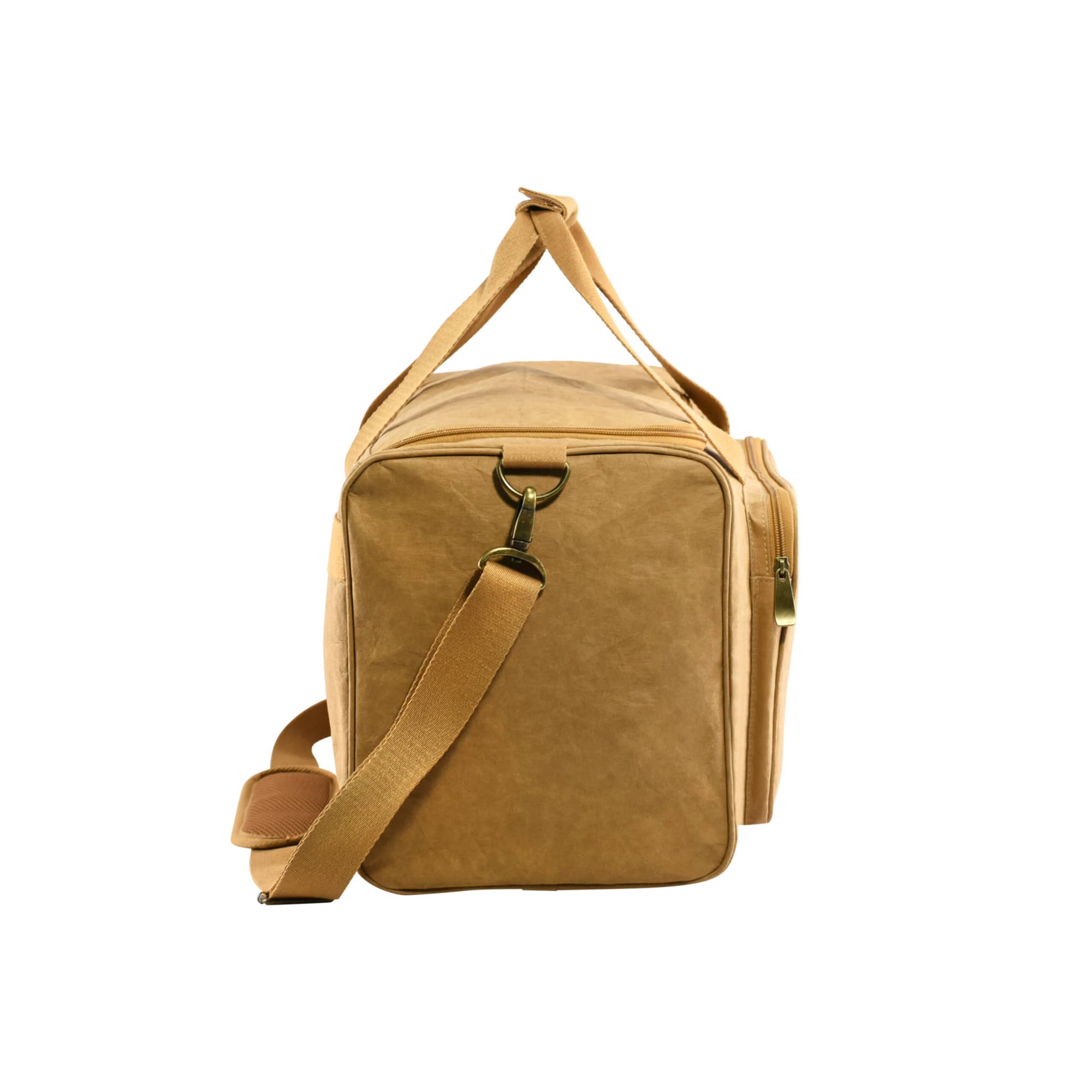 A tan Kraft paper duffle bag with a shoulder strap and a gold-toned zipper. The bag has a logo on the side.