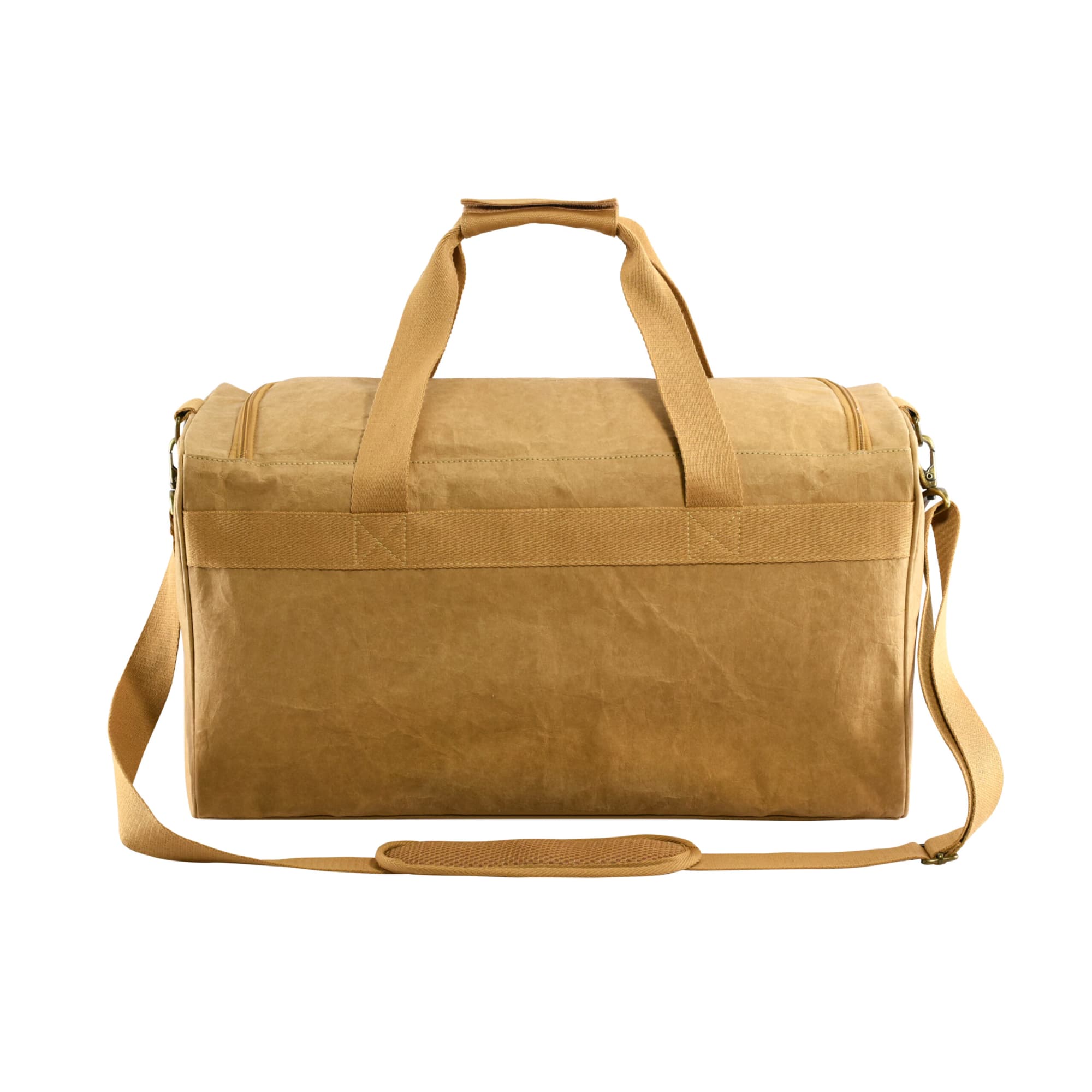 A tan Kraft paper duffle bag with sturdy handles and a detachable shoulder strap, featuring a logo.