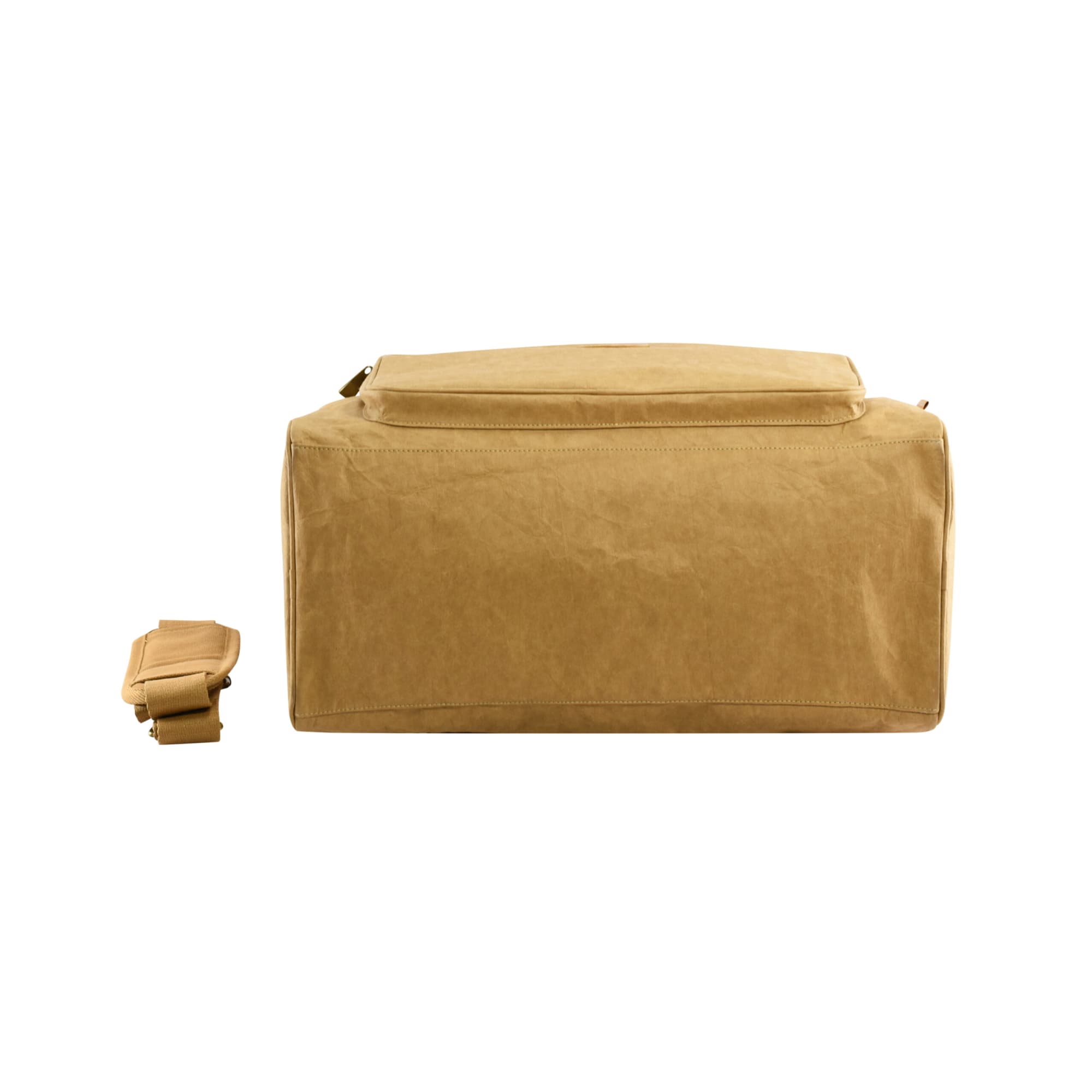 A kraft paper duffle bag in a warm brown hue, featuring a removable shoulder strap. Flat, rectangular design.