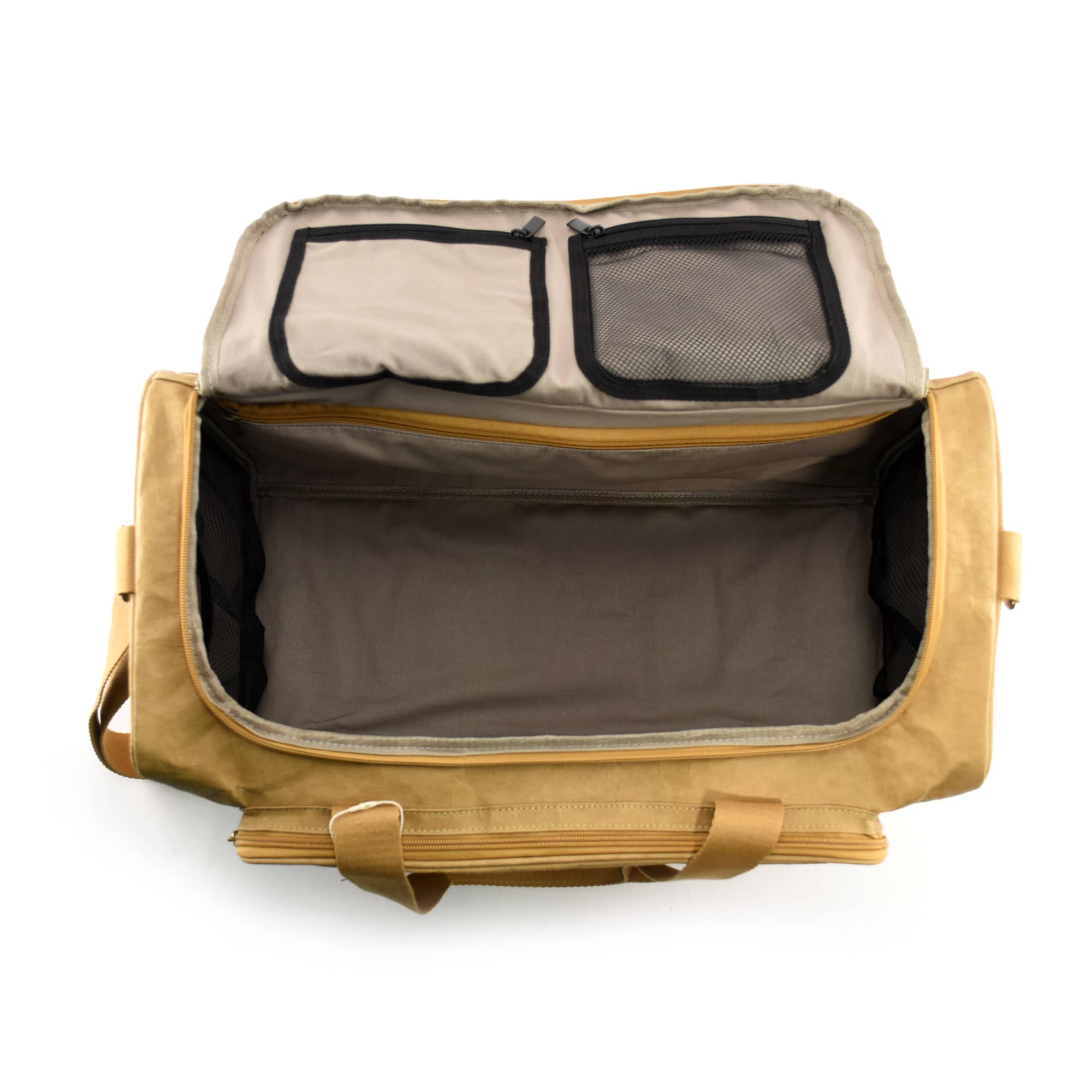 A tan duffle bag featuring a spacious interior and two mesh zippered pockets on the inside.
