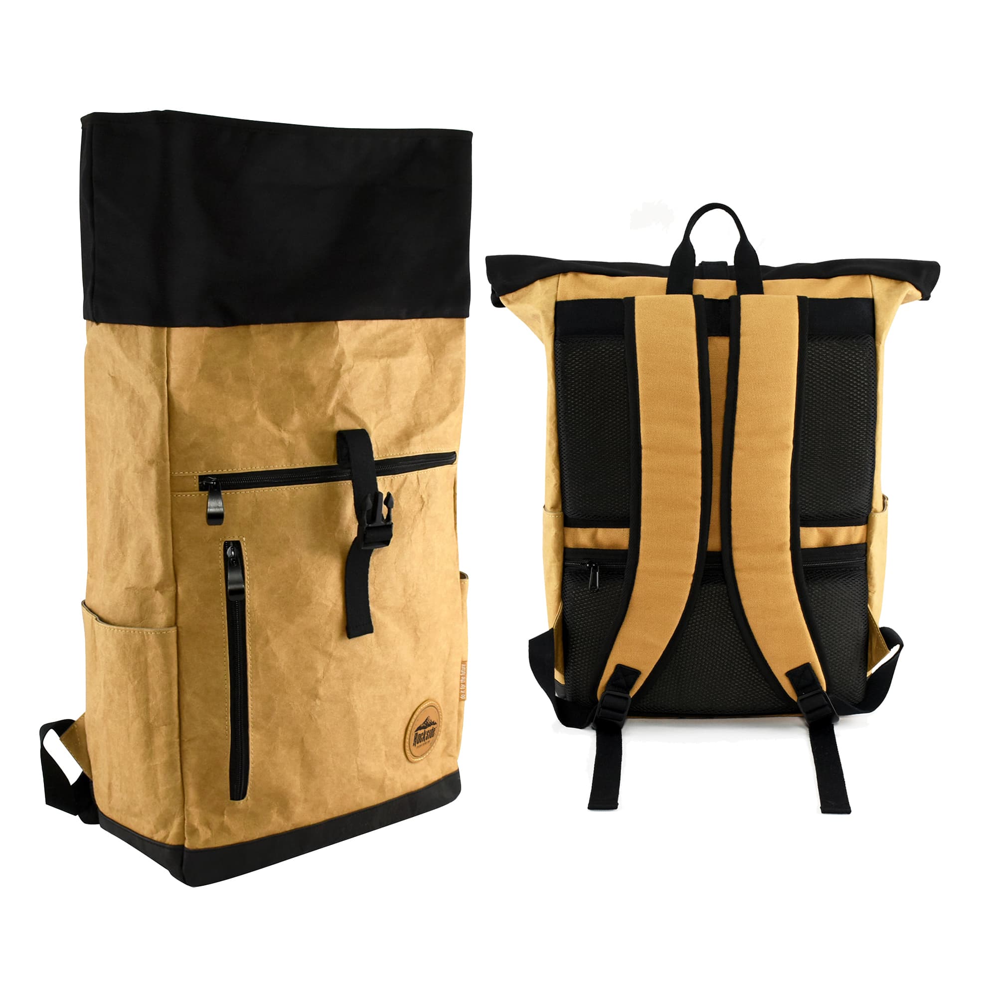 Kraft paper laptop backpack in tan and black, featuring a zip pocket, padded straps, and a logo on the front.