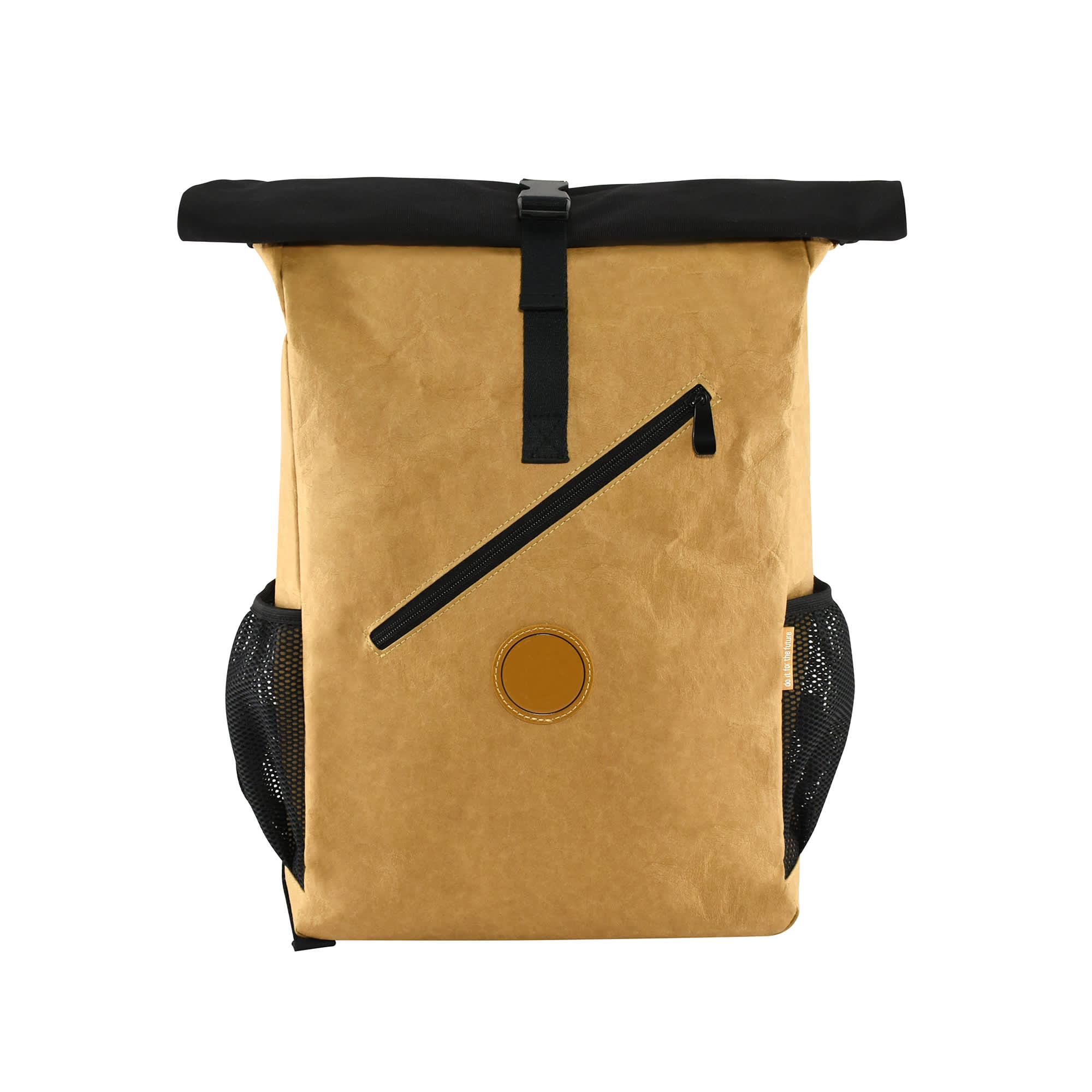 A kraft paper laptop backpack in brown with a black top, featuring a zipper pocket and mesh side pockets.