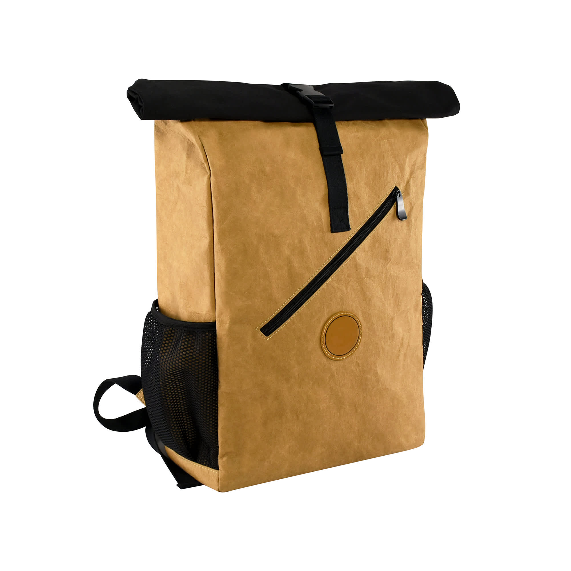 A tan kraft paper laptop backpack with a black flap, featuring a front zip pocket and mesh side pockets.