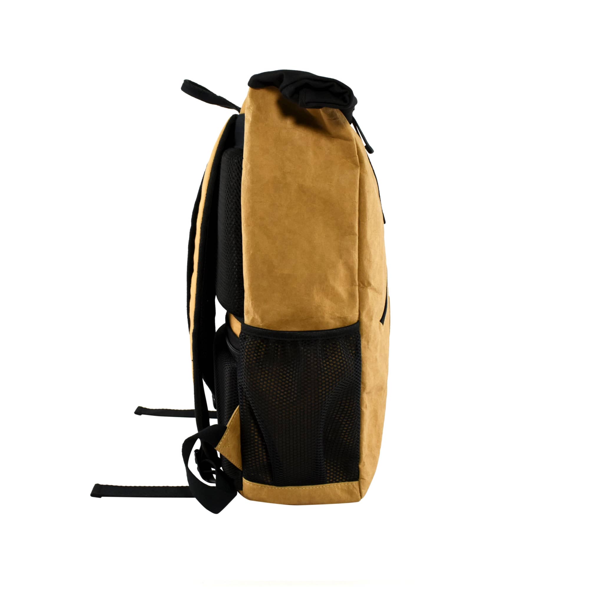 A tan Kraft paper laptop backpack with adjustable straps and mesh side pockets, featuring a logo.