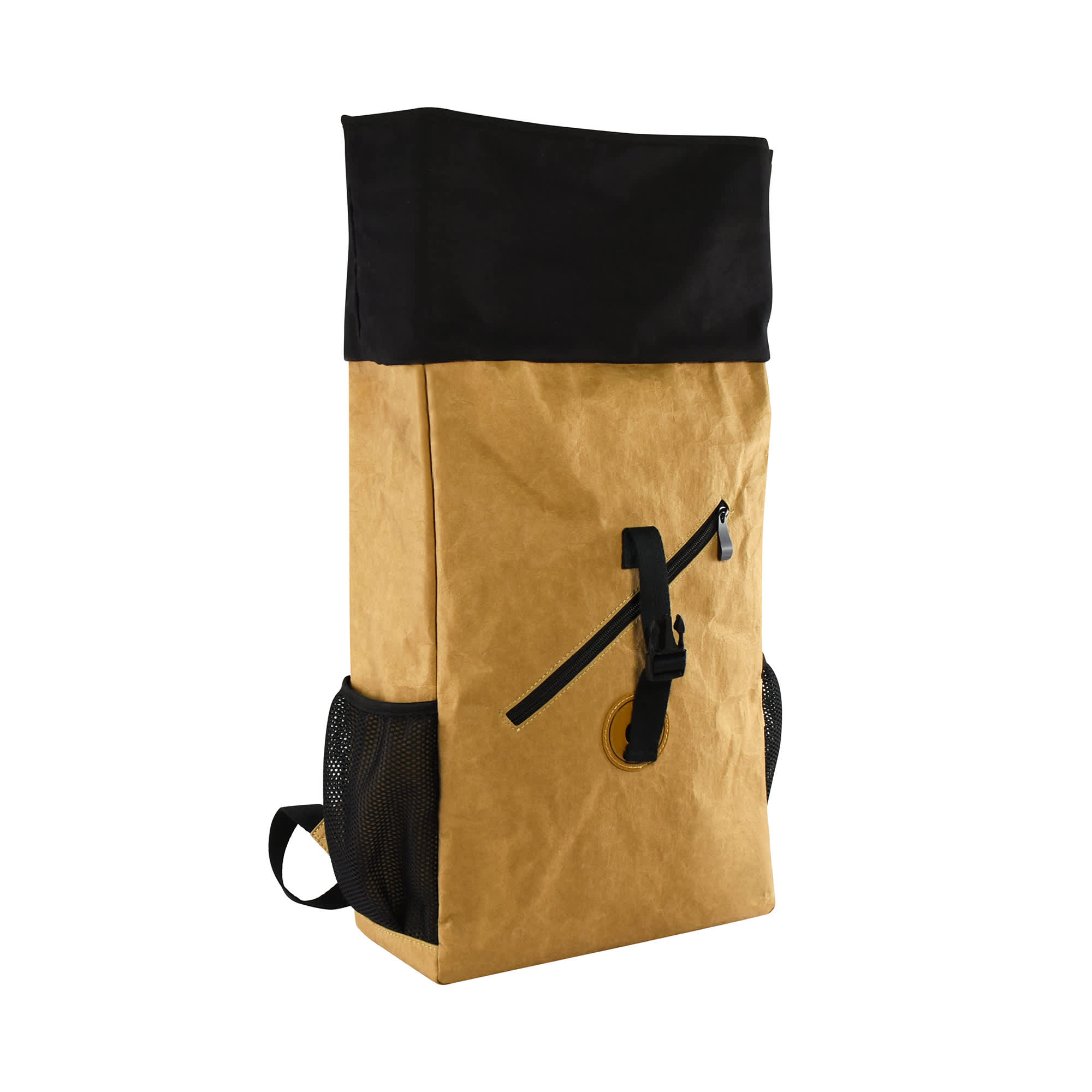 A Lakeside kraft paper laptop backpack in brown and black, featuring a mesh side pocket and a logo.