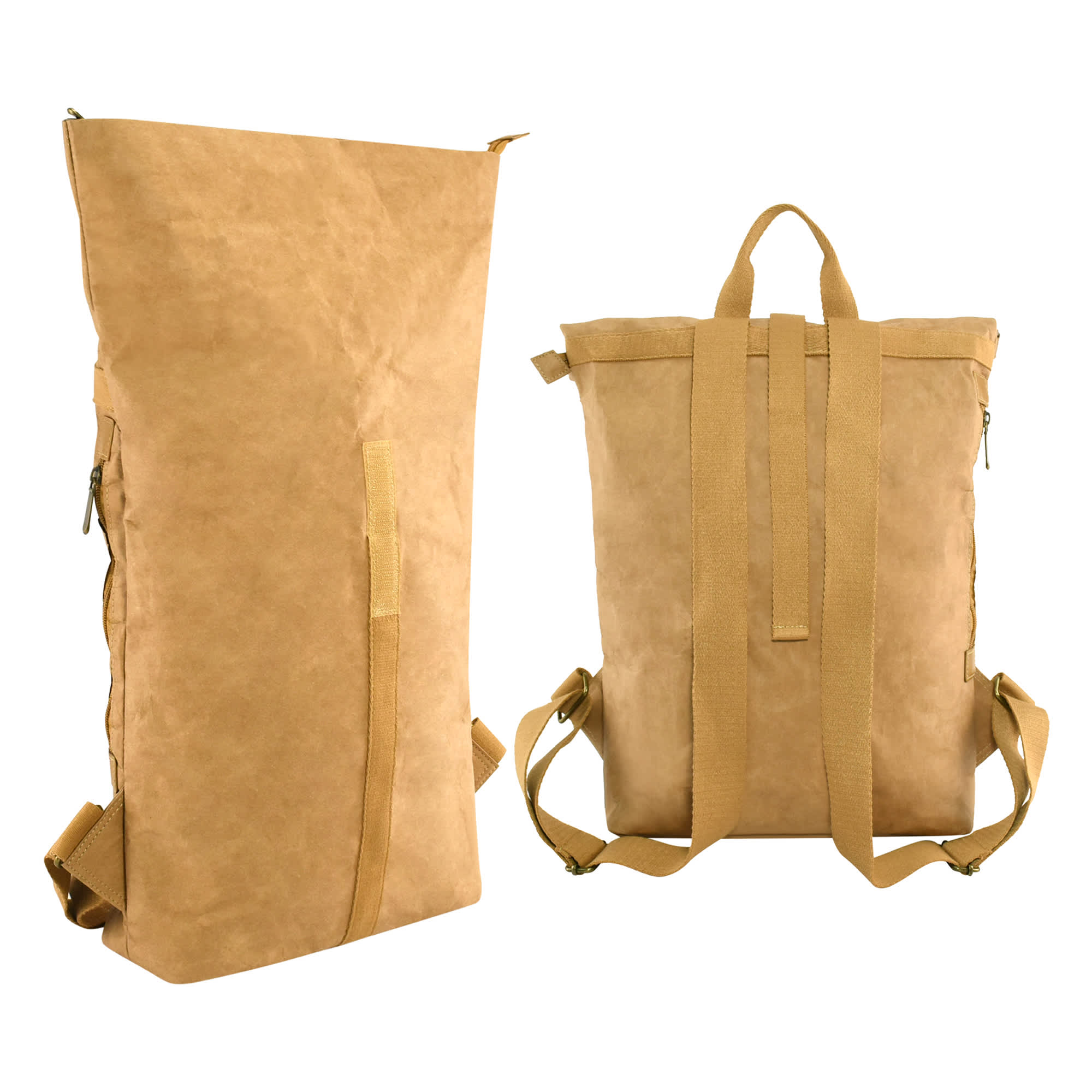 A kraft paper backpack in a light brown colour, featuring adjustable straps and a zip closure. Includes a logo.
