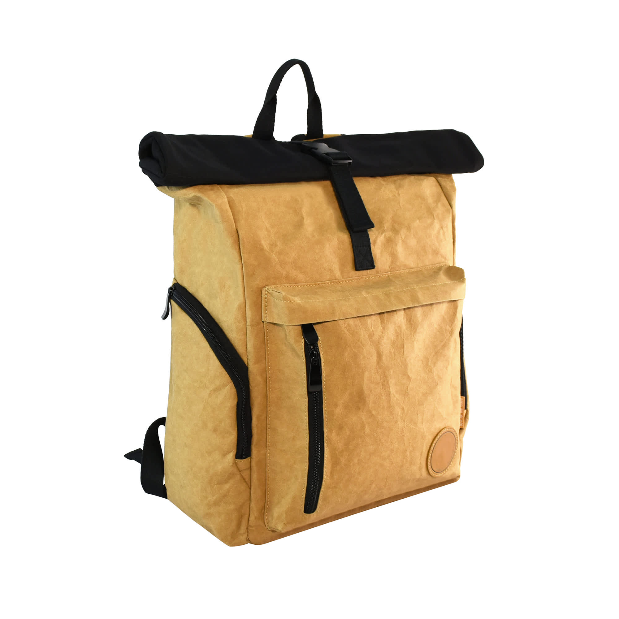 A tan kraft paper laptop backpack with a black roll-top closure and a front zip pocket. It features adjustable straps and a logo.