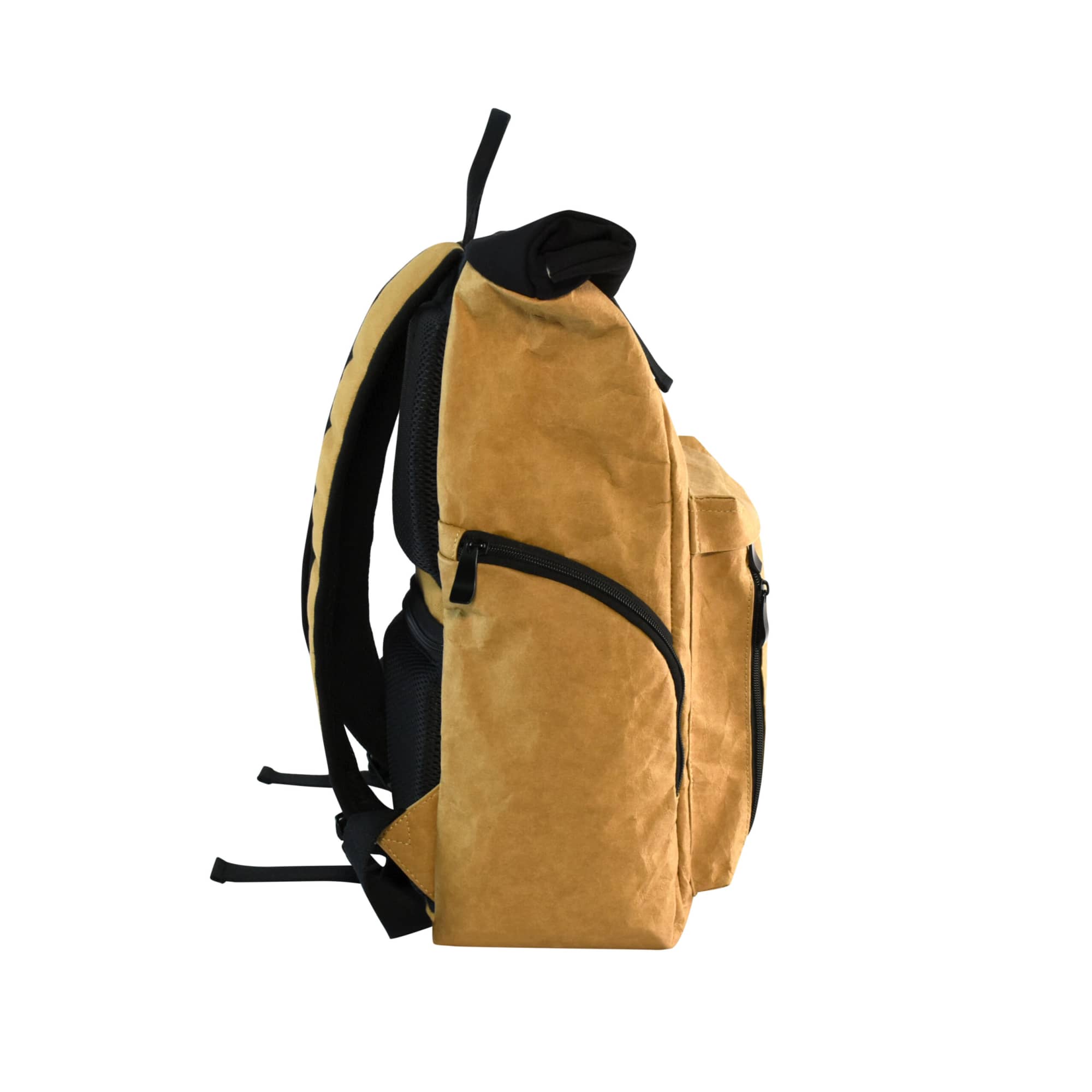 A kraft paper laptop backpack in a tan colour with black accents and multiple zippered compartments.