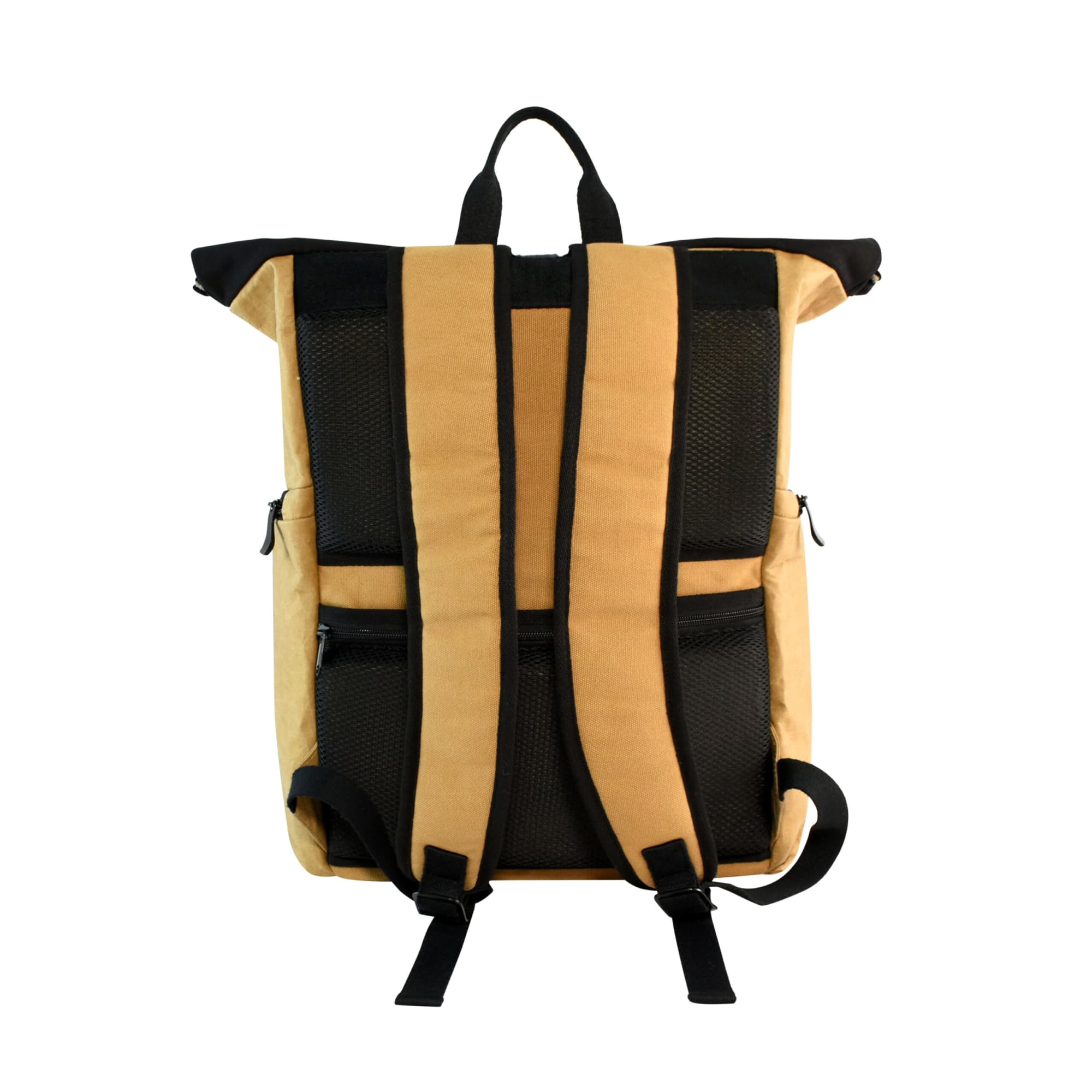 A yellow and black laptop backpack with adjustable straps and a roll-top design. It features a logo and multiple pockets.