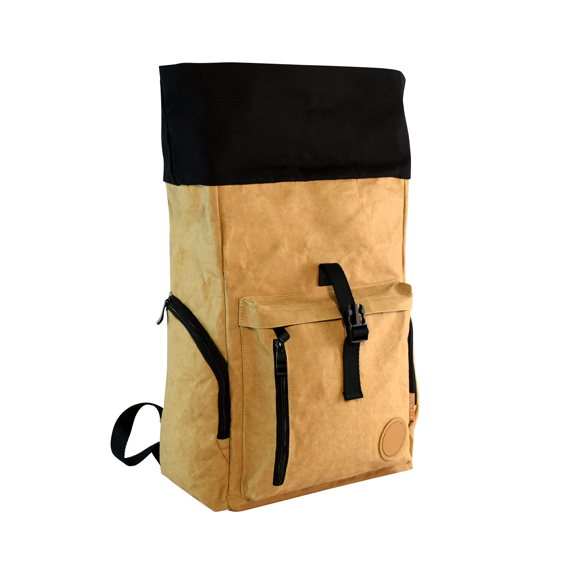 A brown kraft paper laptop backpack with a black top, featuring adjustable straps and a front pocket.