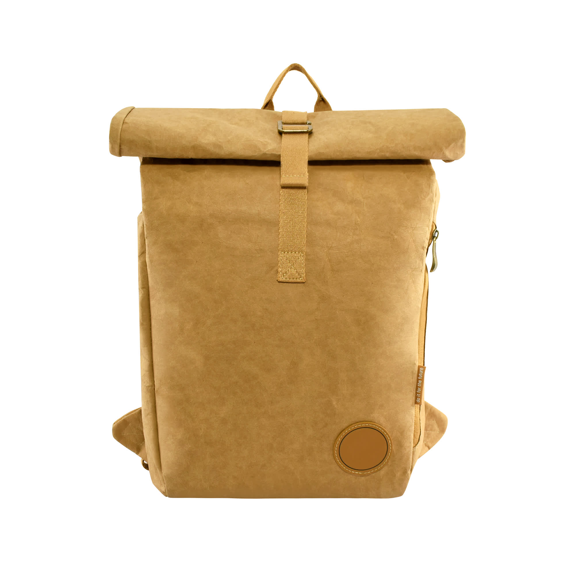 A brown kraft paper laptop backpack featuring a roll-top design and a circular logo patch.