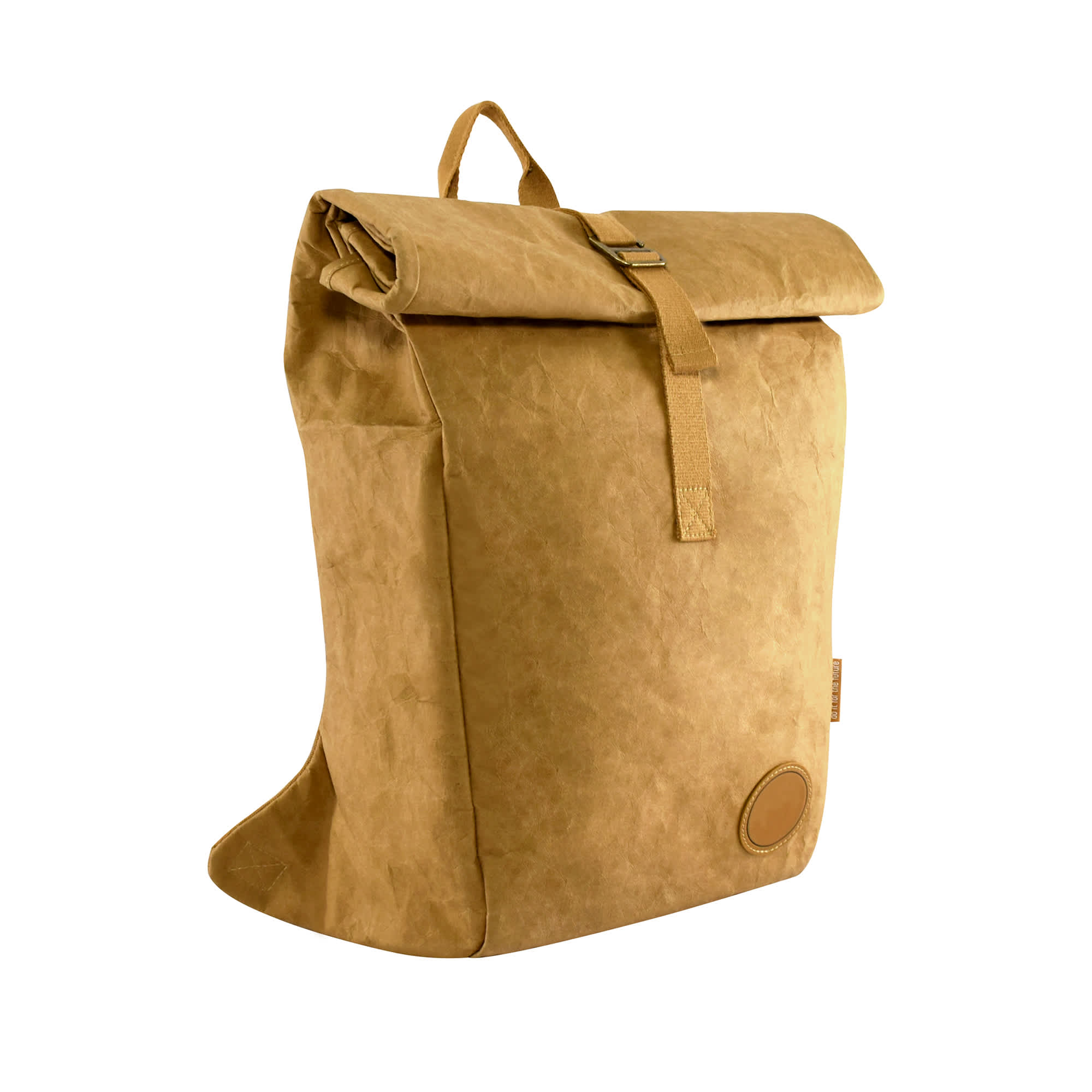 A tan kraft paper laptop backpack with a roll-top closure and a logo patch on the side.