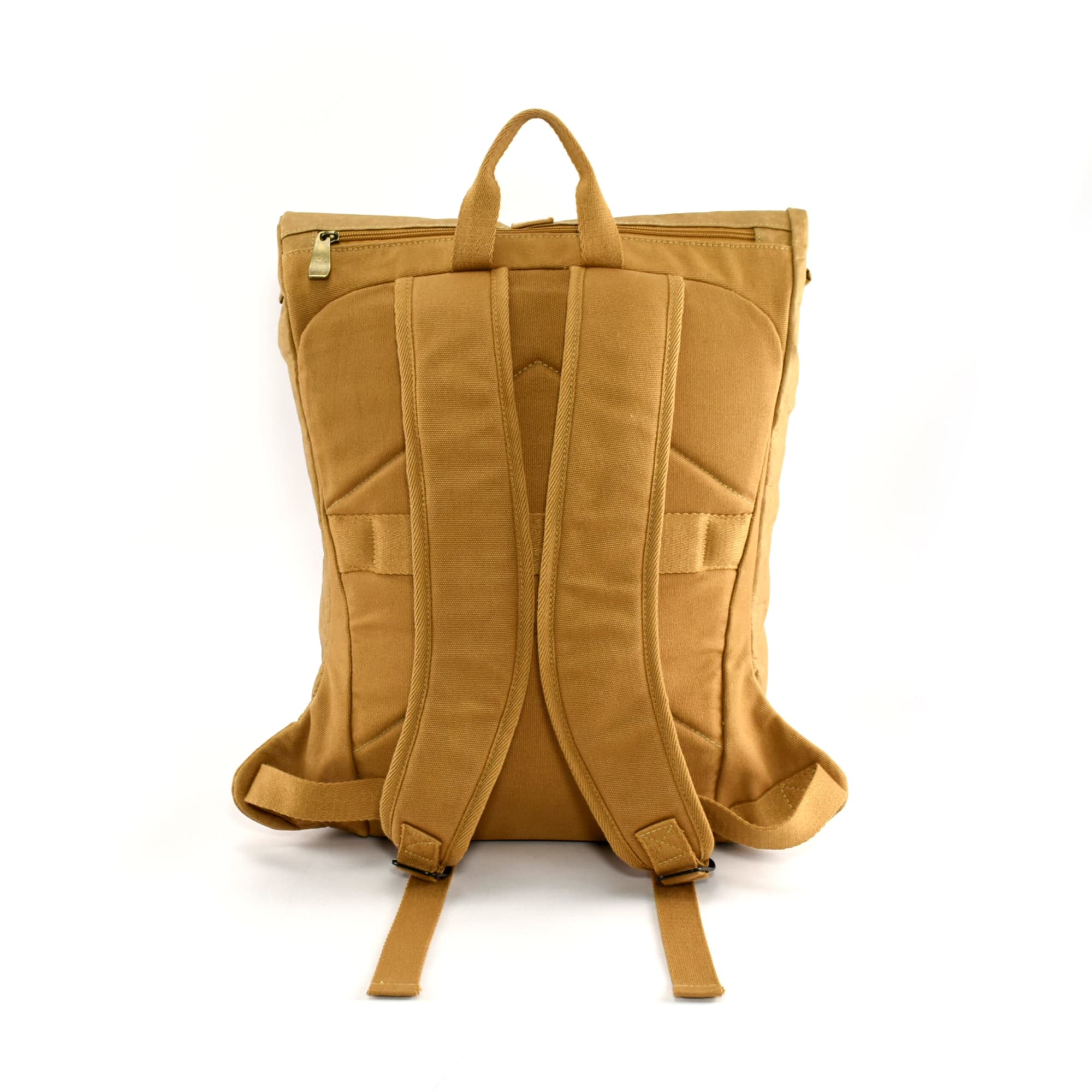 A tan backpack with a zipper, featuring padded shoulder straps and a carrying handle on top.