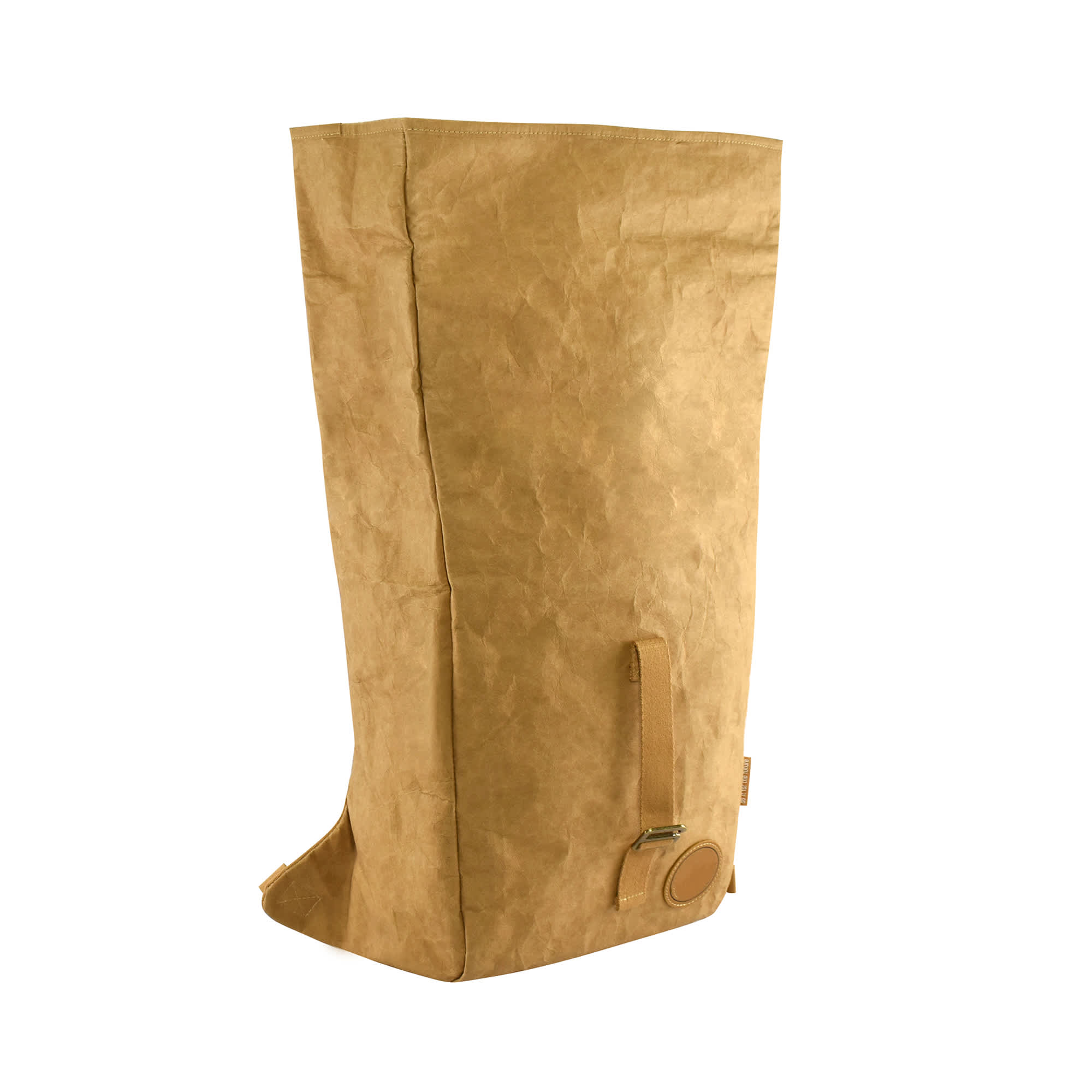 A tan kraft paper laptop backpack with a simple design and a side pocket, featuring a logo.