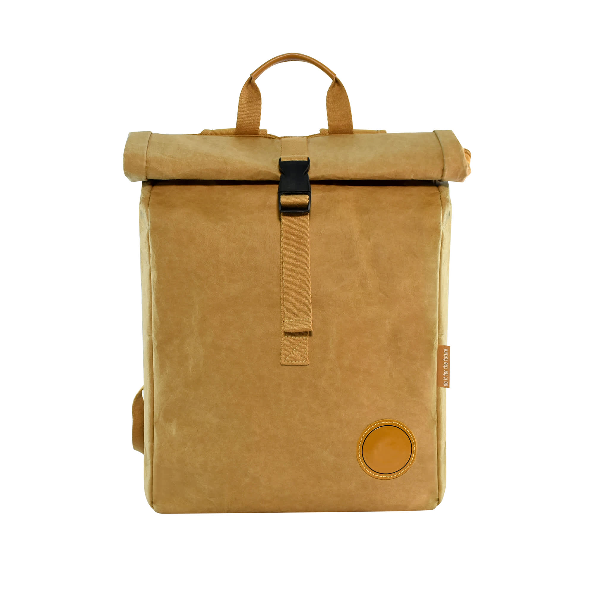 Kraft paper laptop backpack in a warm, tan colour with a roll-top design and a strap closure. Features a logo.