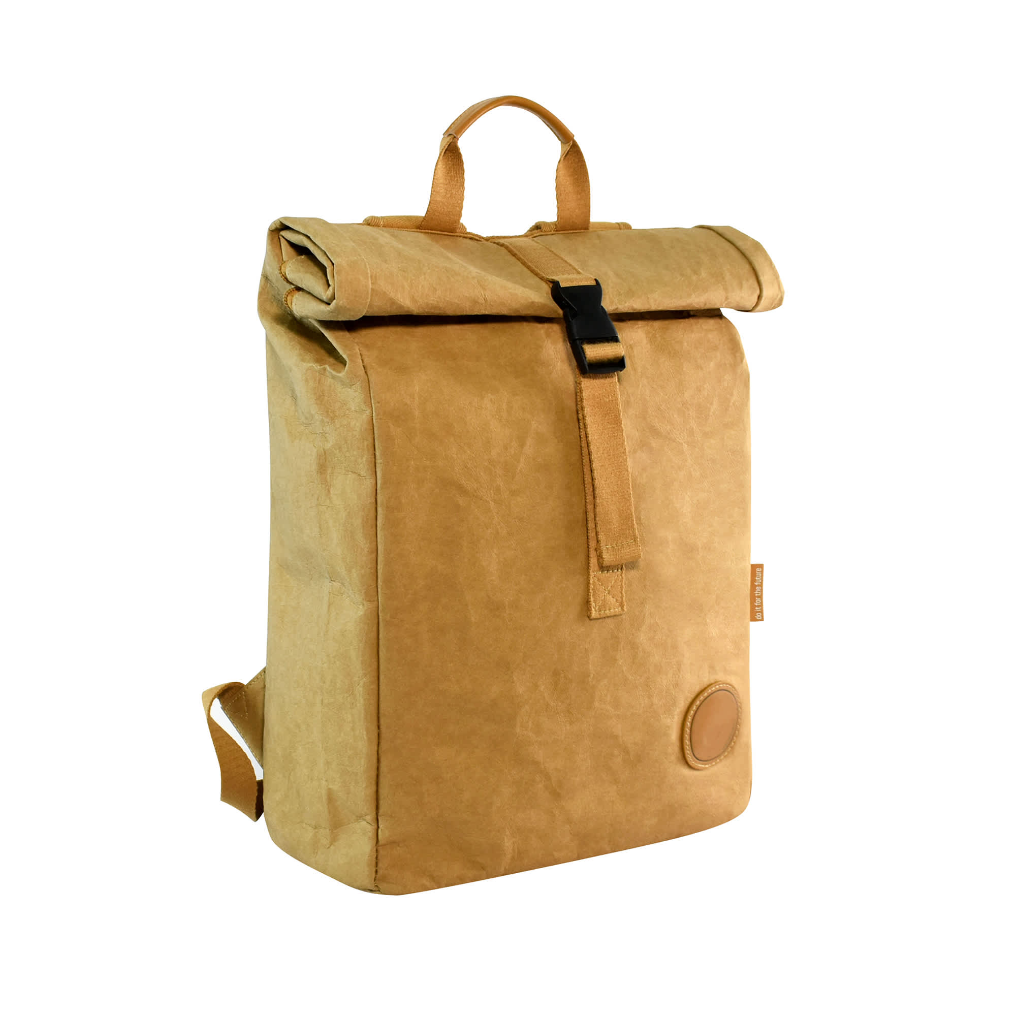 A tan kraft paper laptop backpack with a roll-top closure and adjustable straps, featuring a logo.