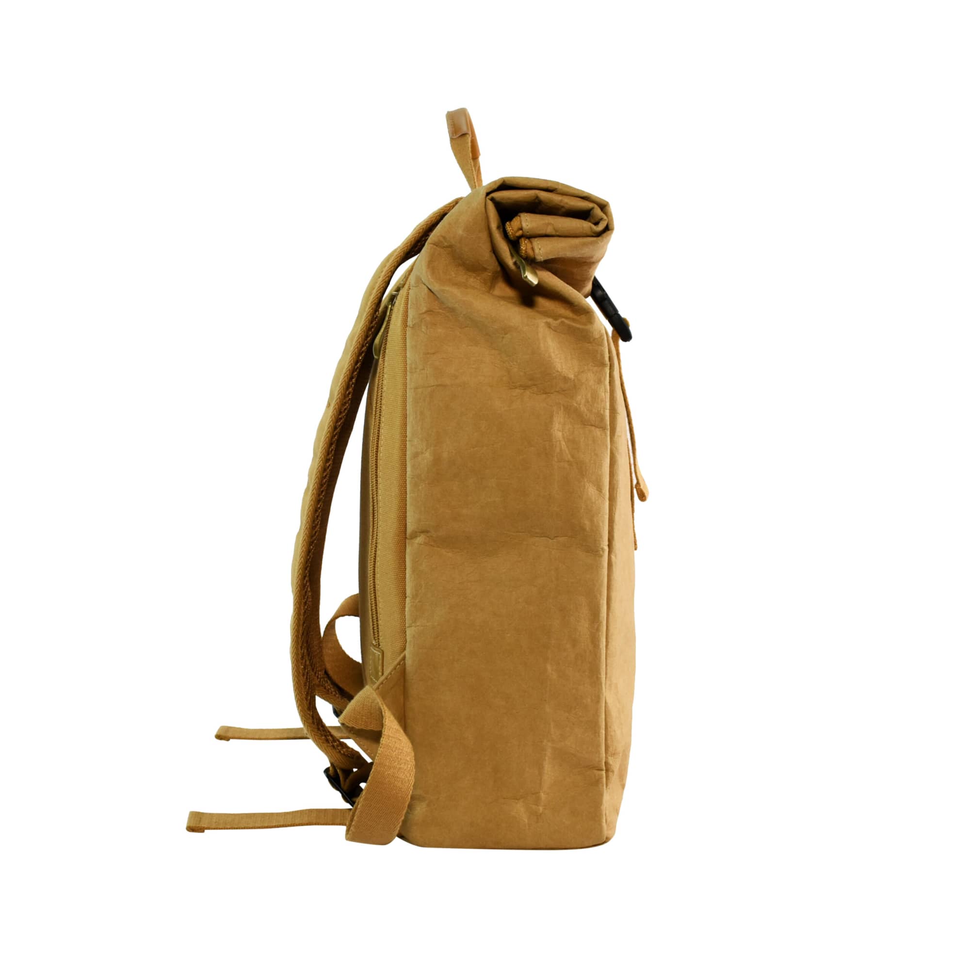 A tan kraft paper laptop backpack with rolled top and adjustable straps, featuring a logo on the front.