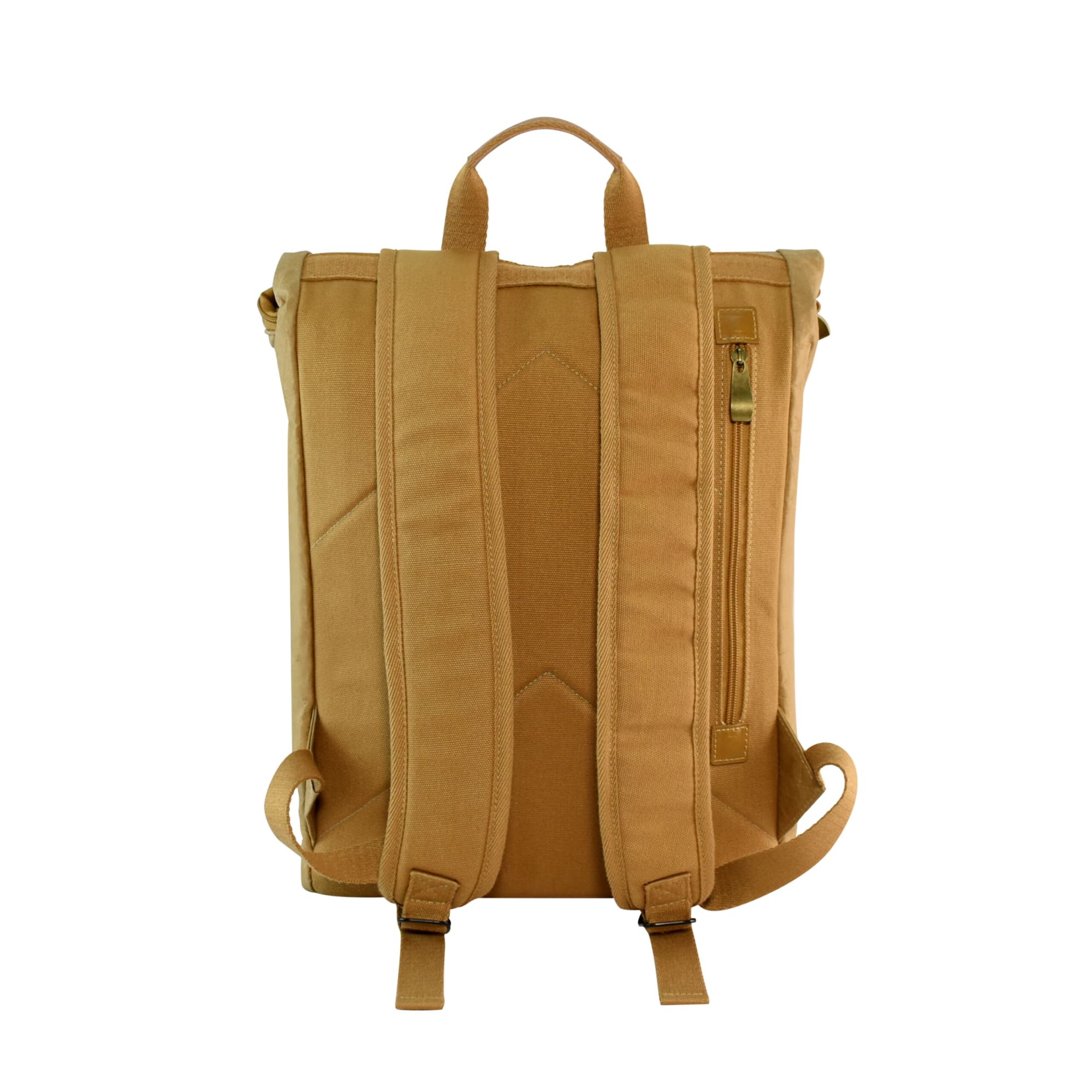 A tan Kraft paper laptop backpack with padded straps and a zipped pocket on the side. Features a logo.