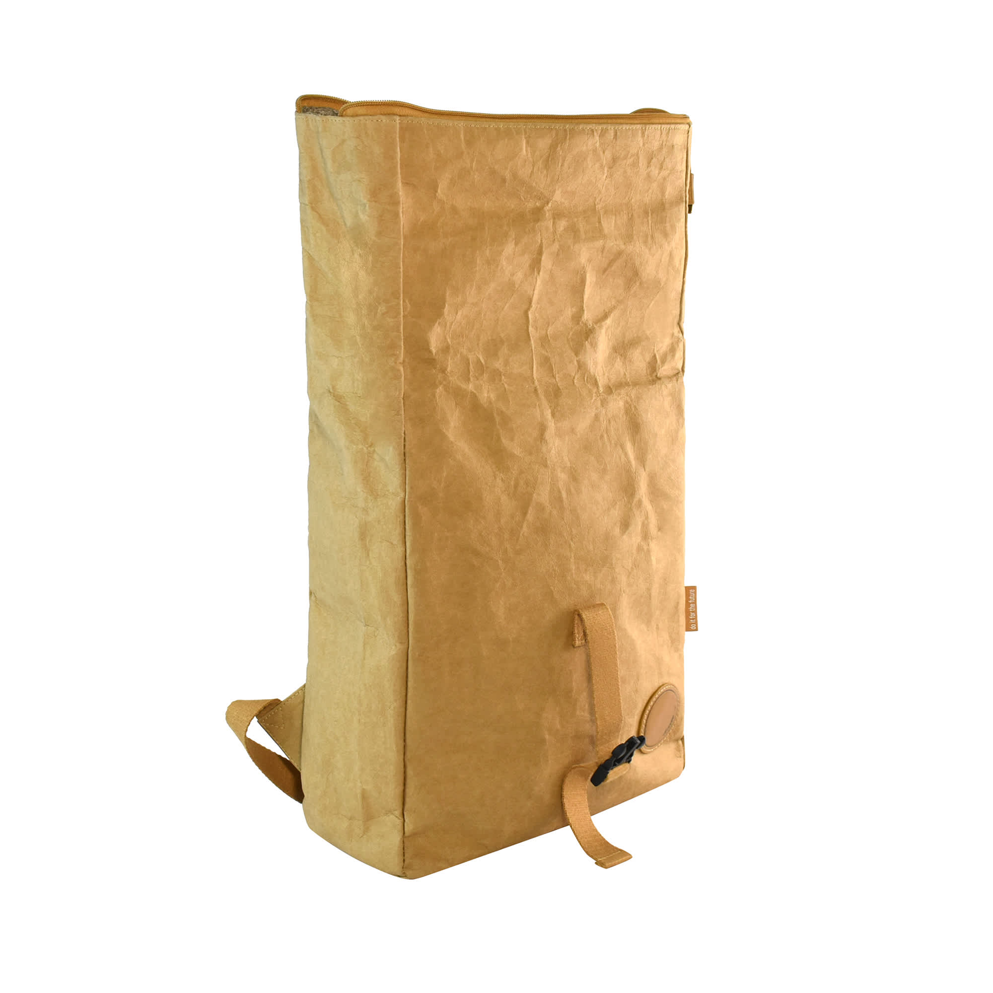 A tan kraft paper laptop backpack with a minimalist design and a small logo. Features adjustable shoulder straps.