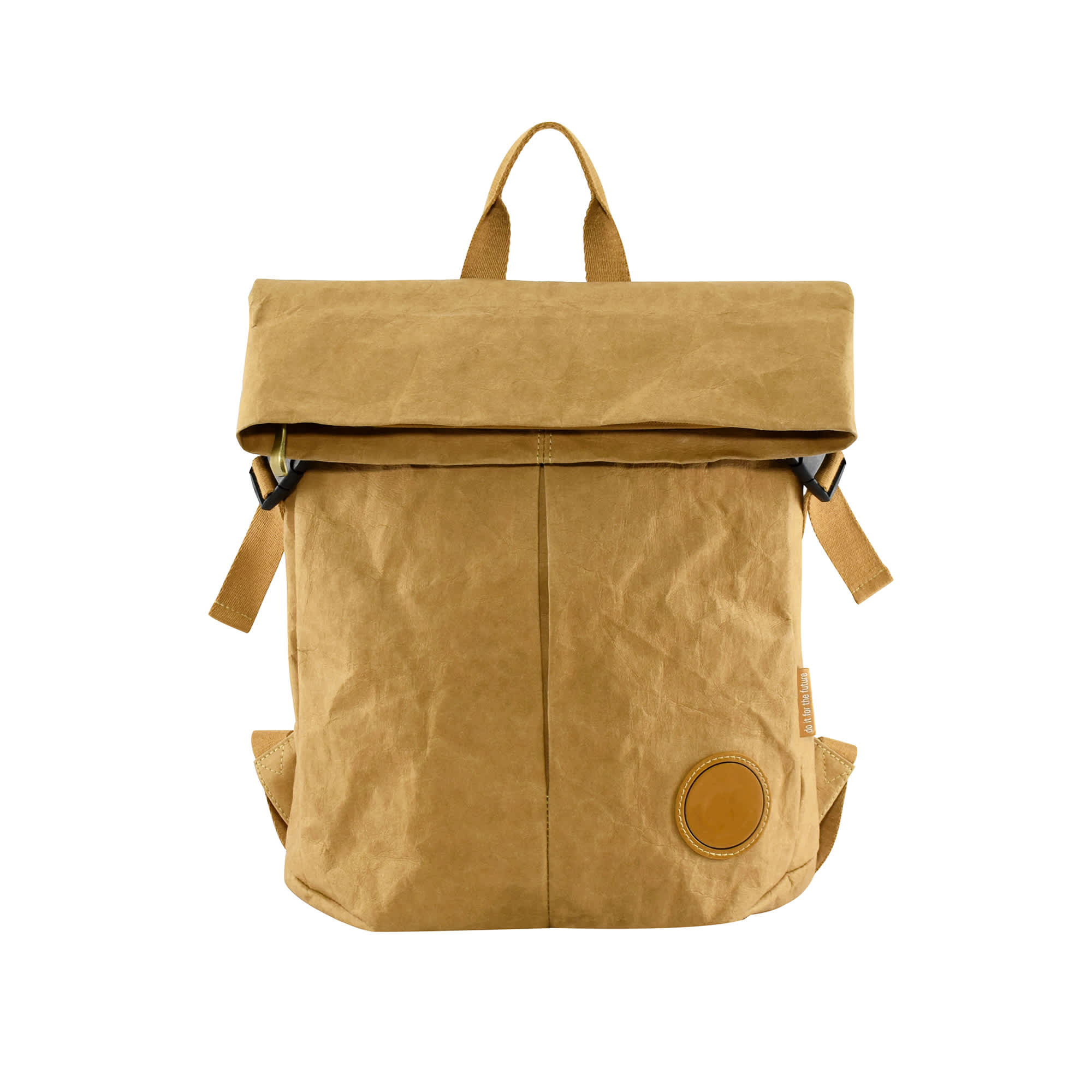 A brown kraft paper laptop backpack with a roll-top design, featuring adjustable straps and a circular logo.