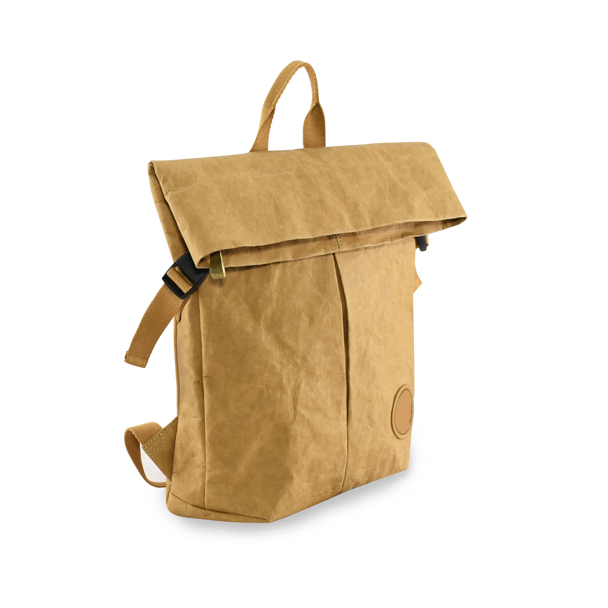 A kraft paper laptop backpack in a tan colour with a flap closure and adjustable straps, featuring a logo.
