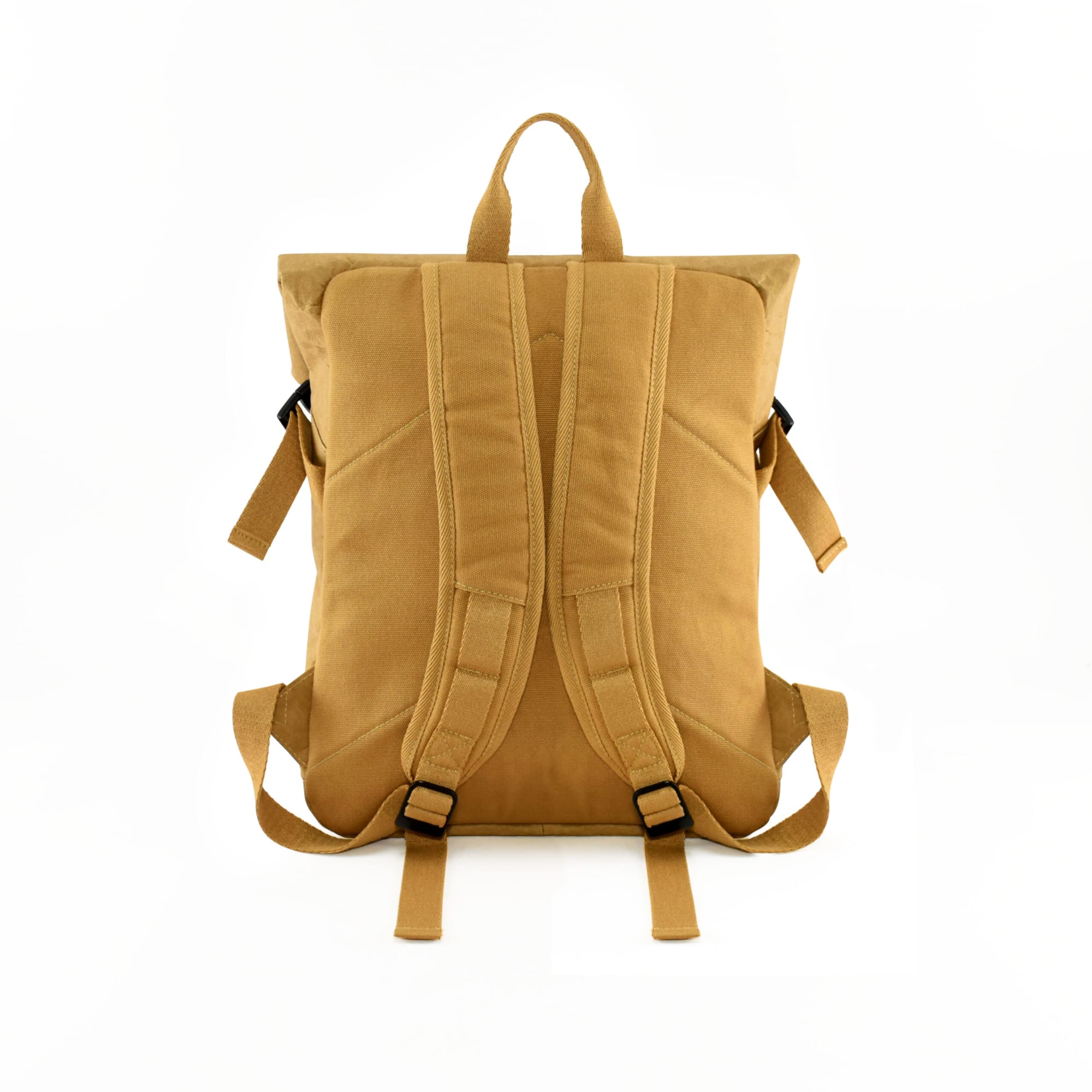 A tan kraft paper laptop backpack with adjustable straps and a top handle, featuring a logo on the back.
