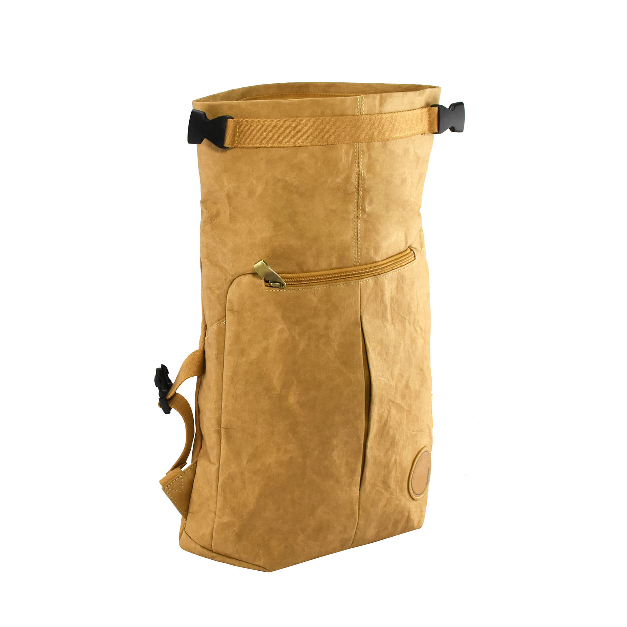 A yellow kraft paper laptop backpack with a zippered pocket and an adjustable strap. It features a logo on the side.