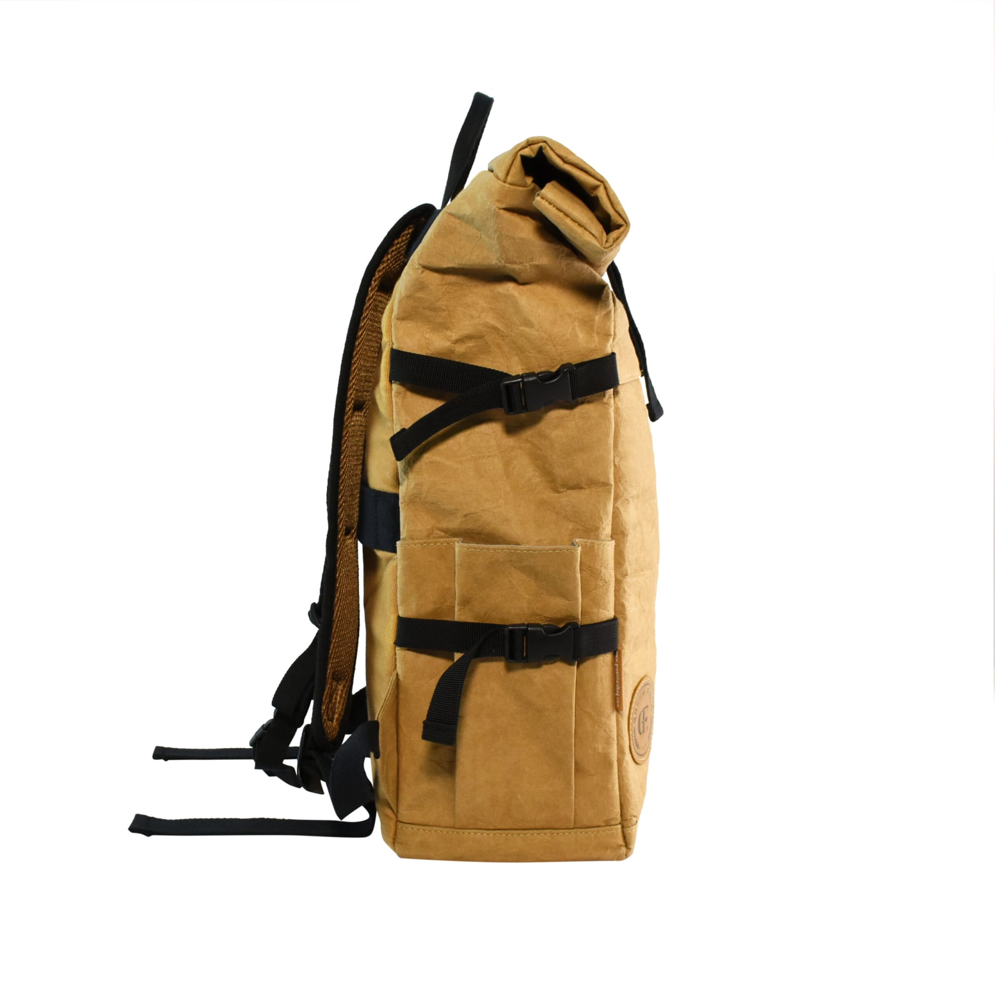 A tan kraft paper laptop backpack featuring adjustable straps, a front pocket, and a logo.