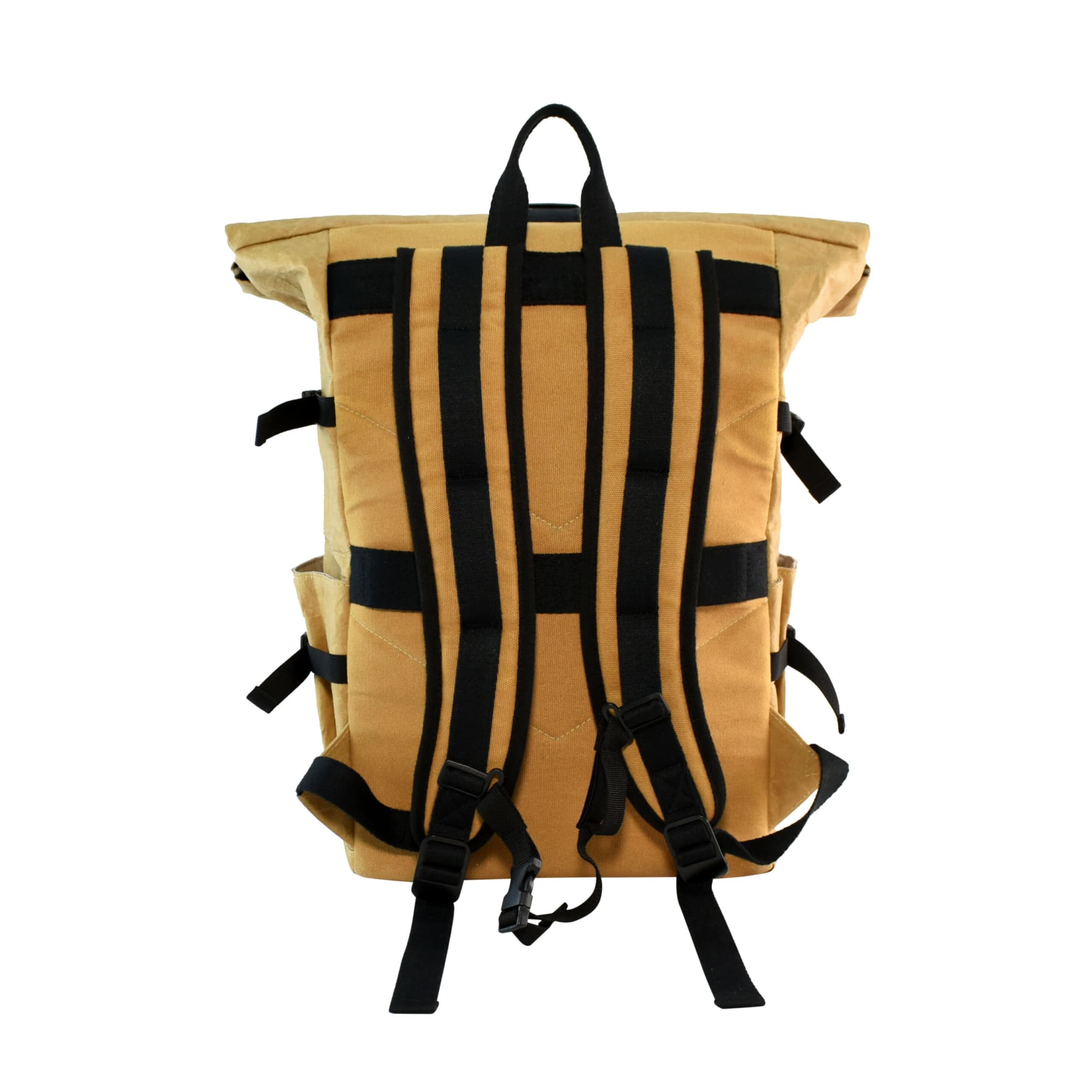 A tan backpack with black straps, featuring a roll-top design and multiple external pockets. It has a logo.