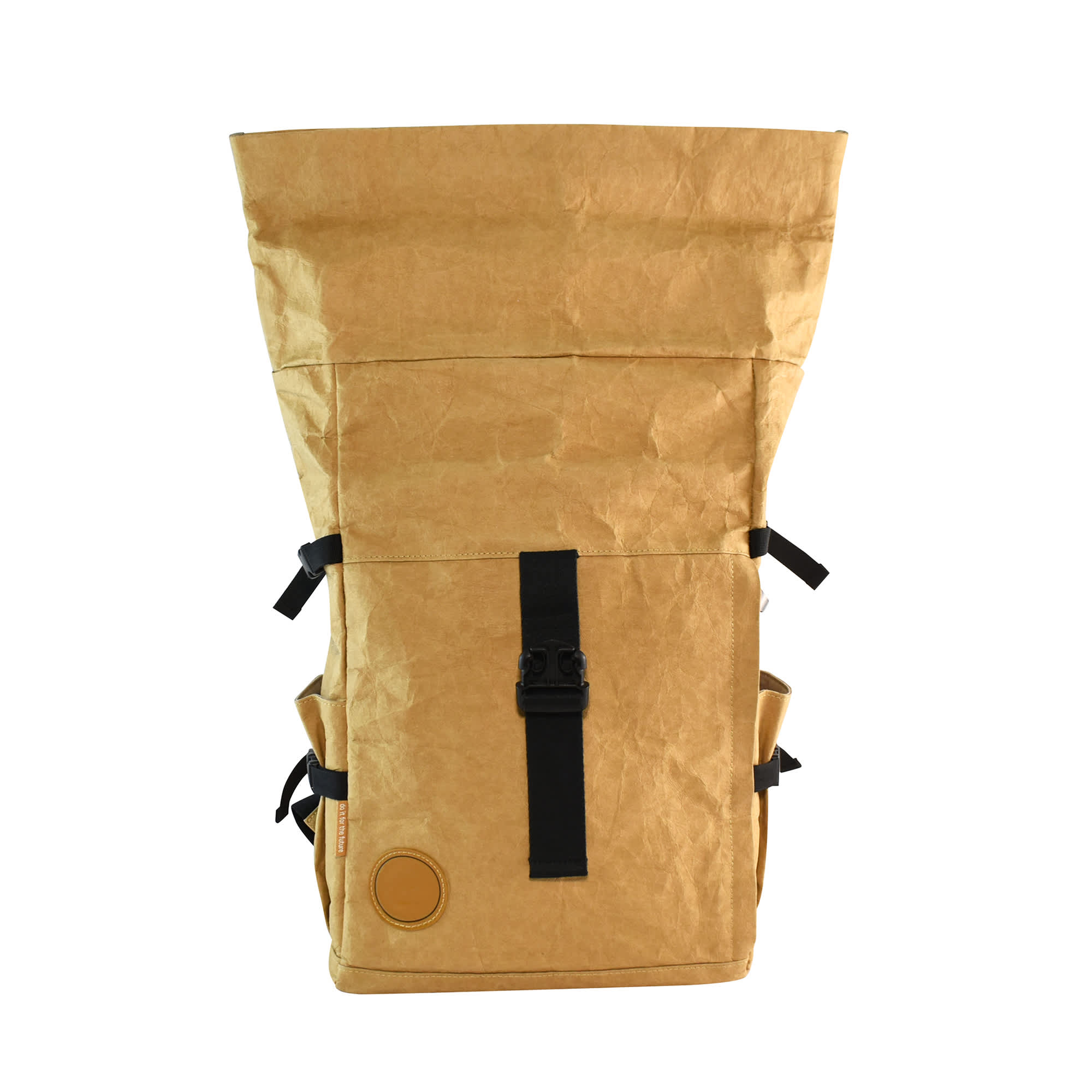 A kraft paper laptop backpack in a natural brown colour, featuring straps and a front buckle, with a logo on the side.