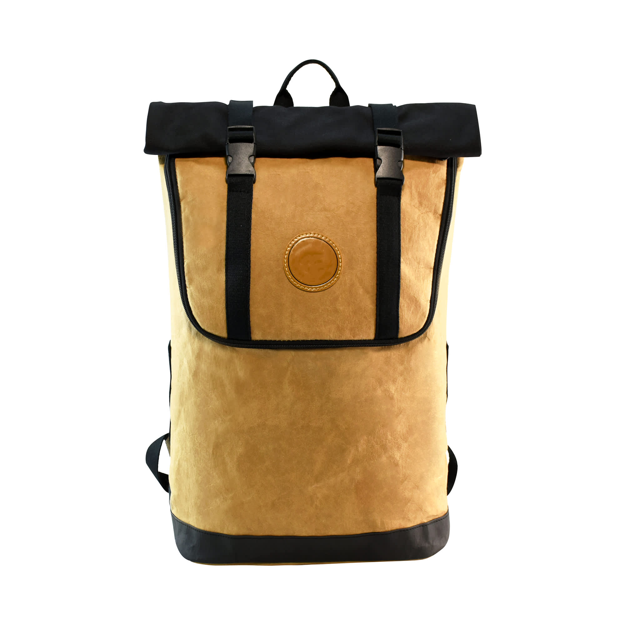 A tan and black laptop backpack featuring a roll-top design and a branded logo on the front.