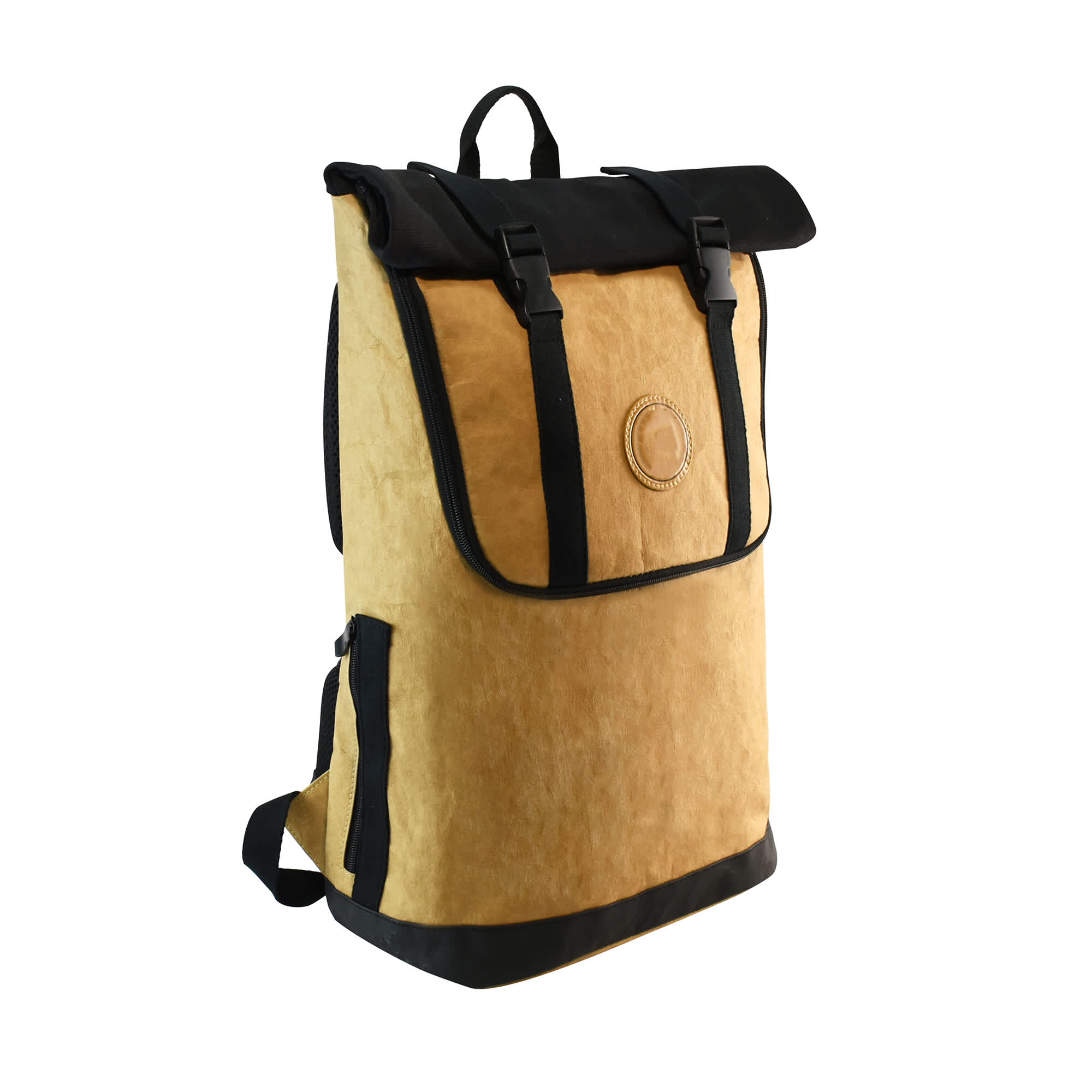 A beige and black laptop backpack with a roll-top design and adjustable straps, featuring a logo on the front.