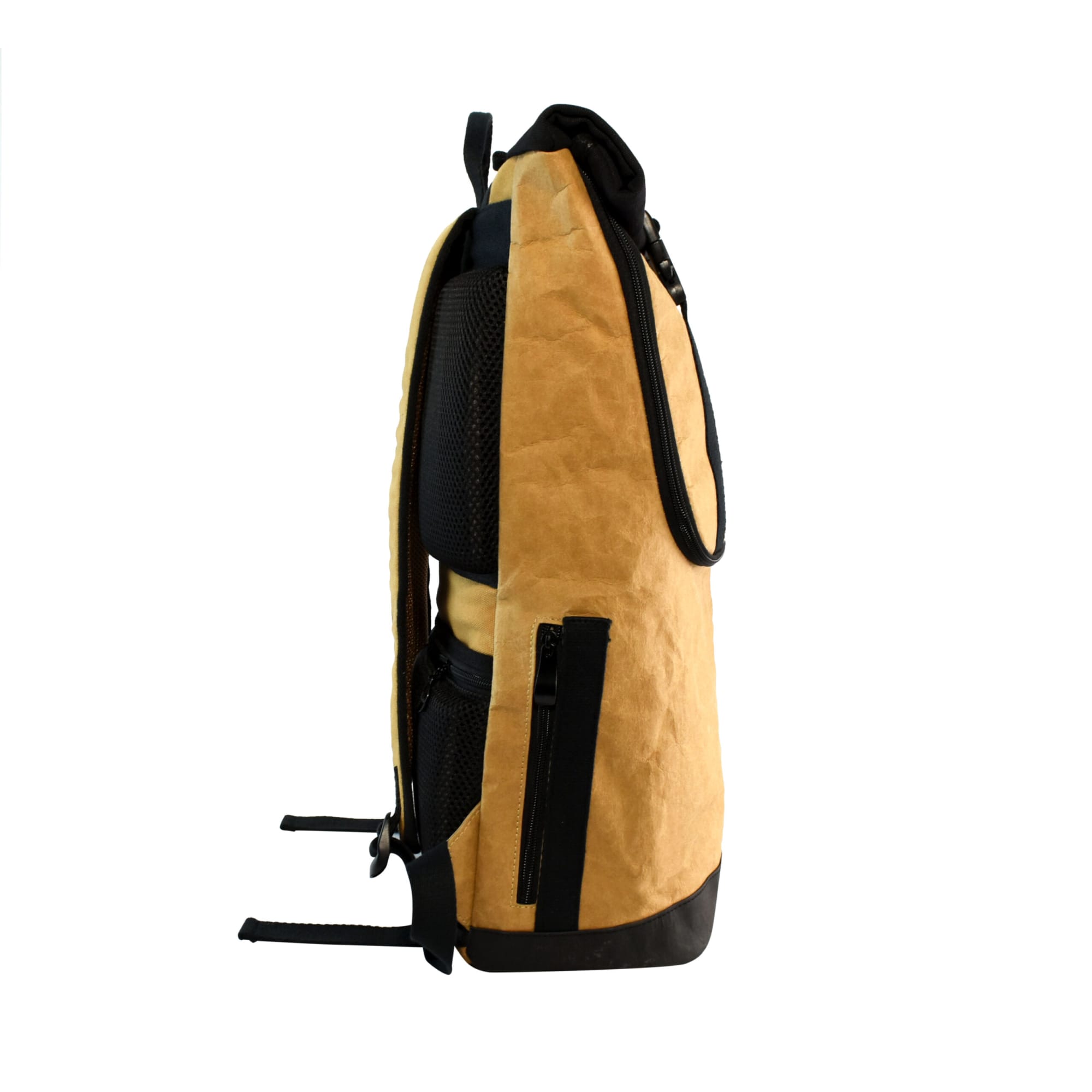 A side view of a brown and black kraft paper laptop backpack with mesh padding and zippers. It features a logo.