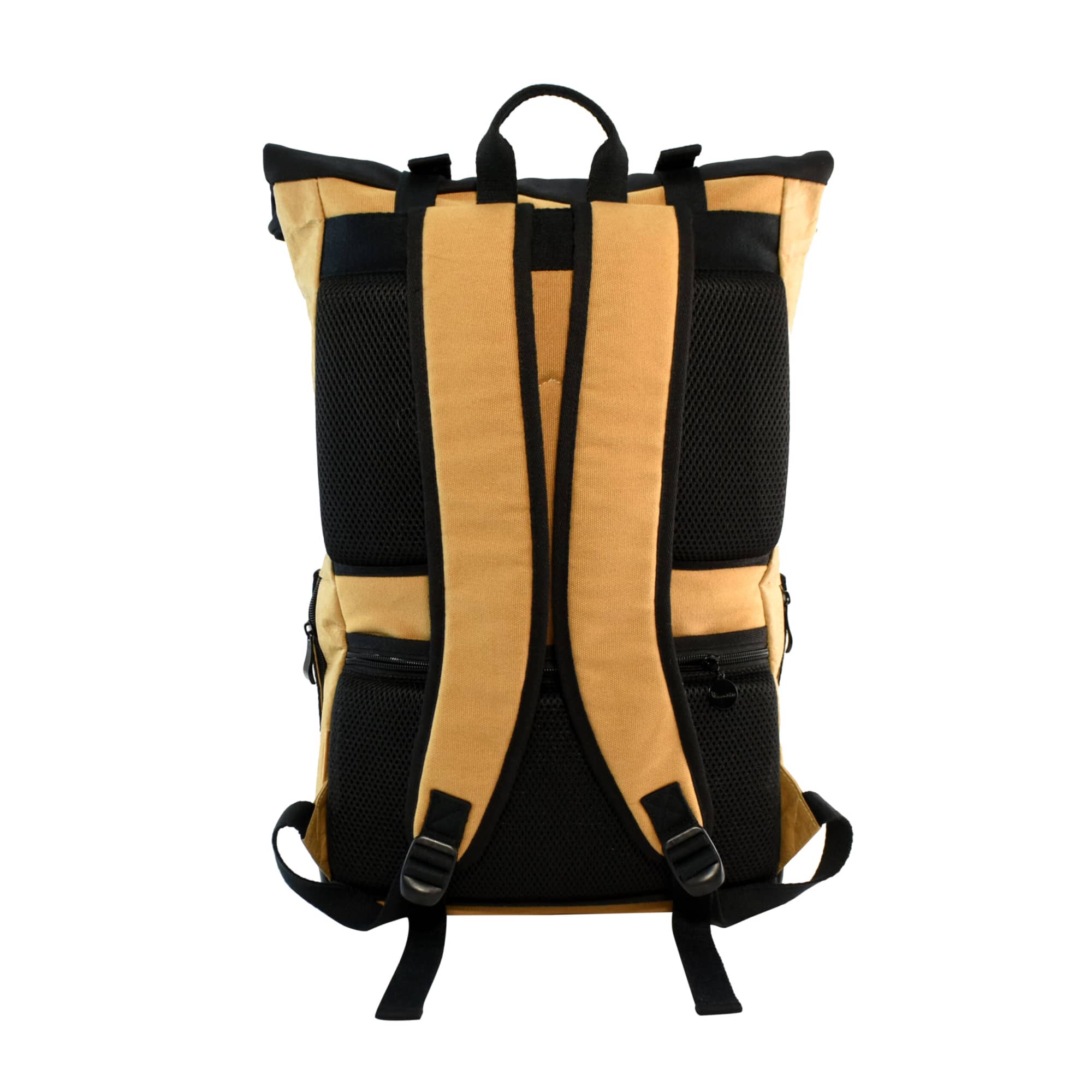 A yellow and black laptop backpack featuring padded straps, mesh panels, and a logo on the exterior.