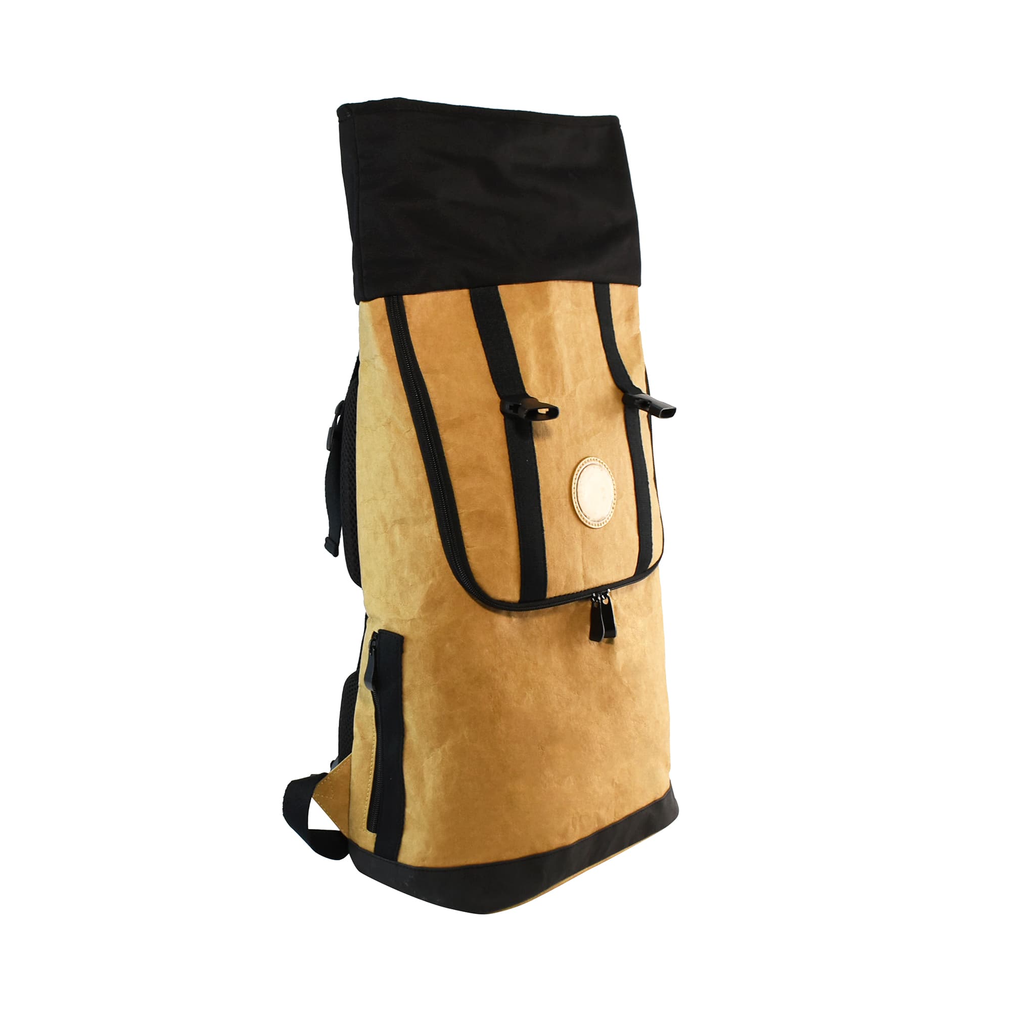 A tan and black kraft paper laptop backpack with a front flap and adjustable straps, featuring a logo.